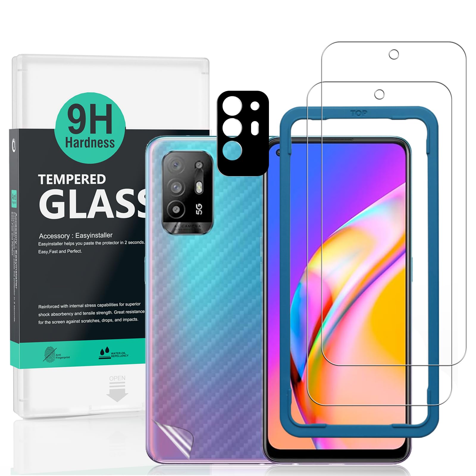 Ibywind Vetro Temperato Per Oppo Reno 7 4G - 2 Pezzi Con Protezione Fotocamera E Skin Retro In Carbonio - Kit Installazione Incluso