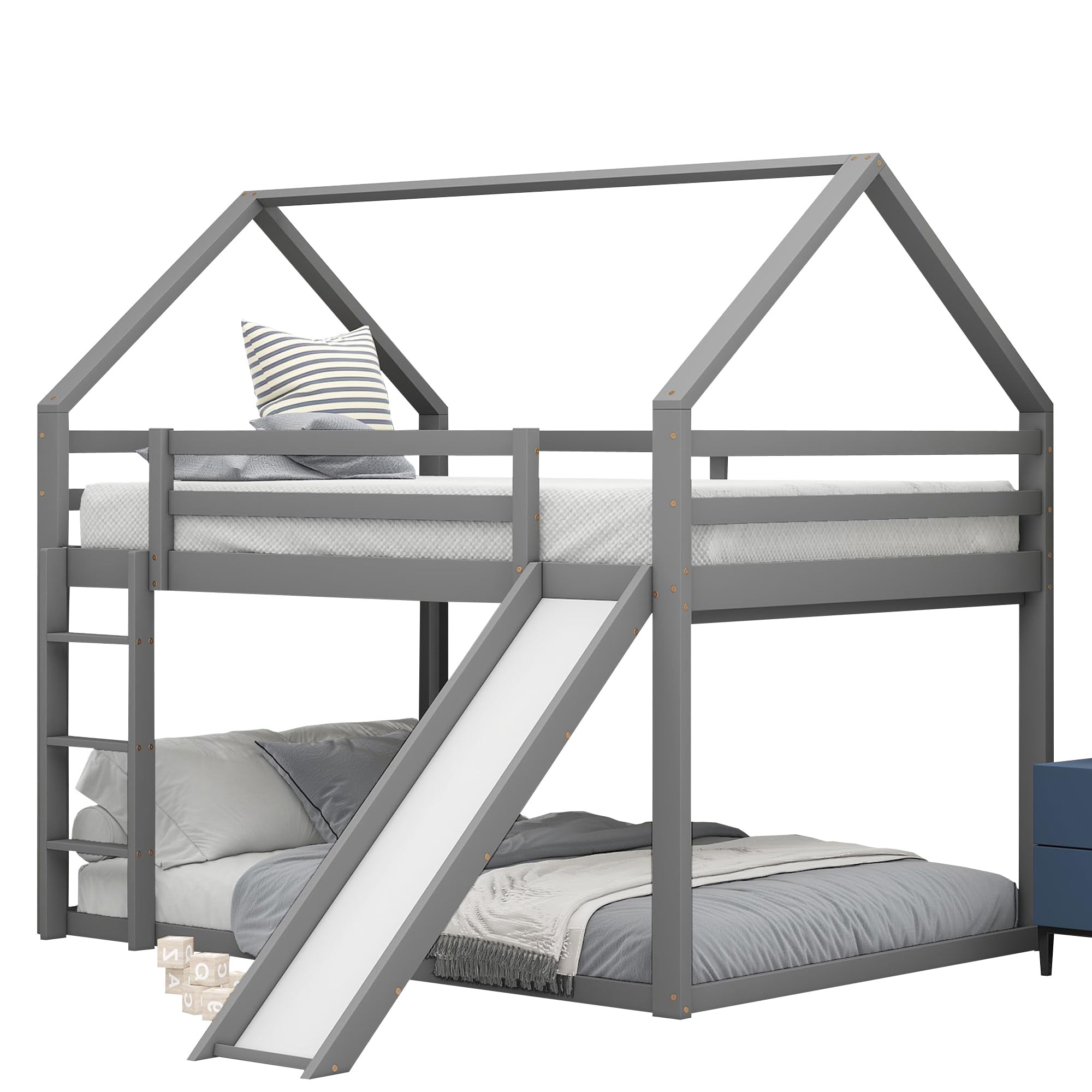 140x200 cm Etagenbett Kinder Holzbett mit Lattenrost und Rausfallschutz, Hausförmiges Bett mit kindgerechter Rutsche und Leiter, Kinderzimmer Doppelstockbett, Ohne Matratze, Grau