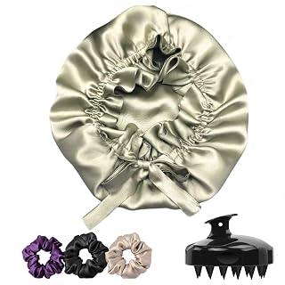 Atrube's Silk Satin Hair Bonnet Reversible with Adjustable Tie Band Wrap Satin Wrap with Hair Scalp Massager Shampoo Brush and 3 Scrunchies (Green)