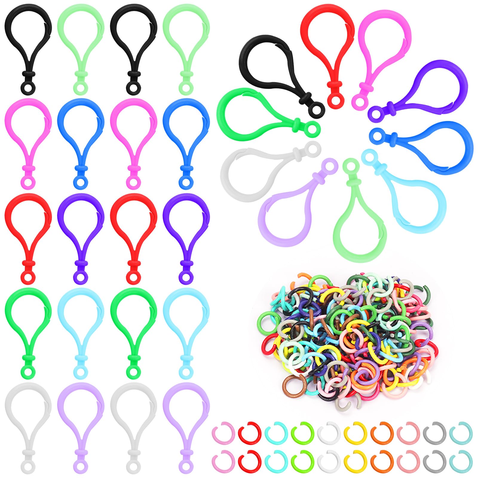 Swpeet 200Pcs 10 Colors Plastic Lobster Claw Clasps with Mixed Colors Open Jump Rings Assortment Kit, Lobster Claw Keychain Clips Claw Snap Clip Hooks for Jewelry Making DIY Crafts Keychains
