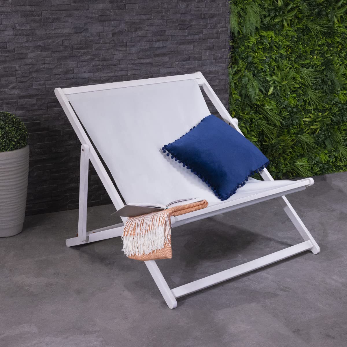 CHARLES BENTLEY FSC® 100 Eucalyptus Wooden, Double Deck Chair, for Outdoors, and Garden, FSC Wood, Polyester, 3 Reclining Positions, Traditional, Eucalyptus, Plaque, Trendy, Seat, White (112x105x95cm)