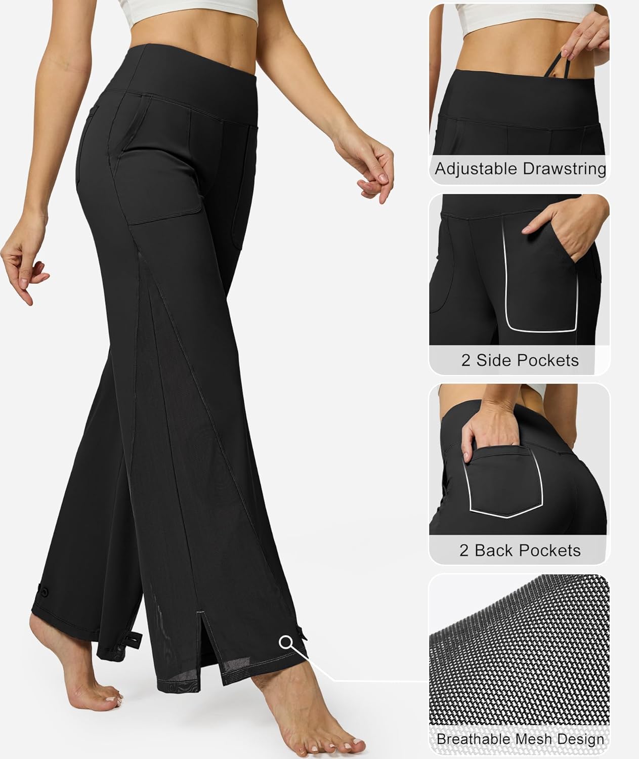 Casei Wide Leg Yoga Pants for Women High Waist Adjustable Hem Loose Dance Casual Pant with Pockets,Black S - Image 4
