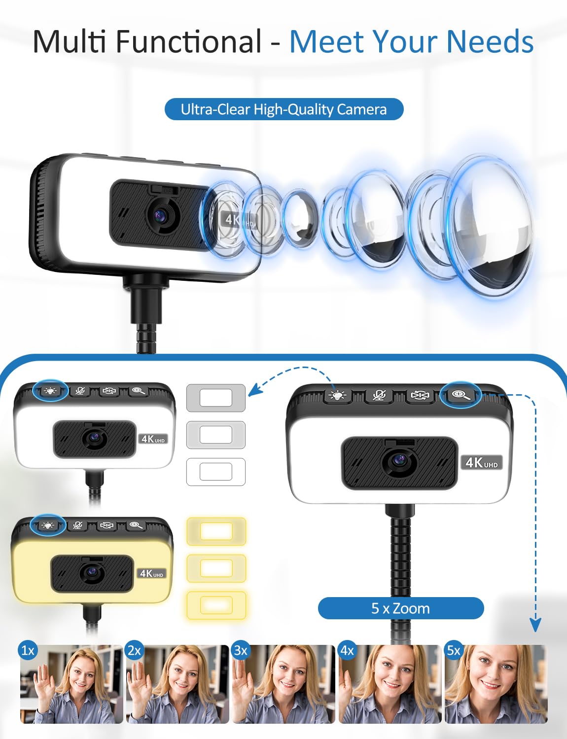 Webcam for PC, 4K Streaming Camera with Light, Web Camera for Desktop/Laptop Computer Webcam with Microphone, Plug and Play USB Web Cam with Bracket, for Live Streaming, Video Calls, and Meetings — view 2