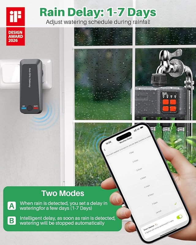 Controler de irigații WLAN johgee, 4 zone, temporizator irigații RF 300 m, sistem automat de irigare pentru grădină și gazon, compatibil cu Alexa și Smart Life