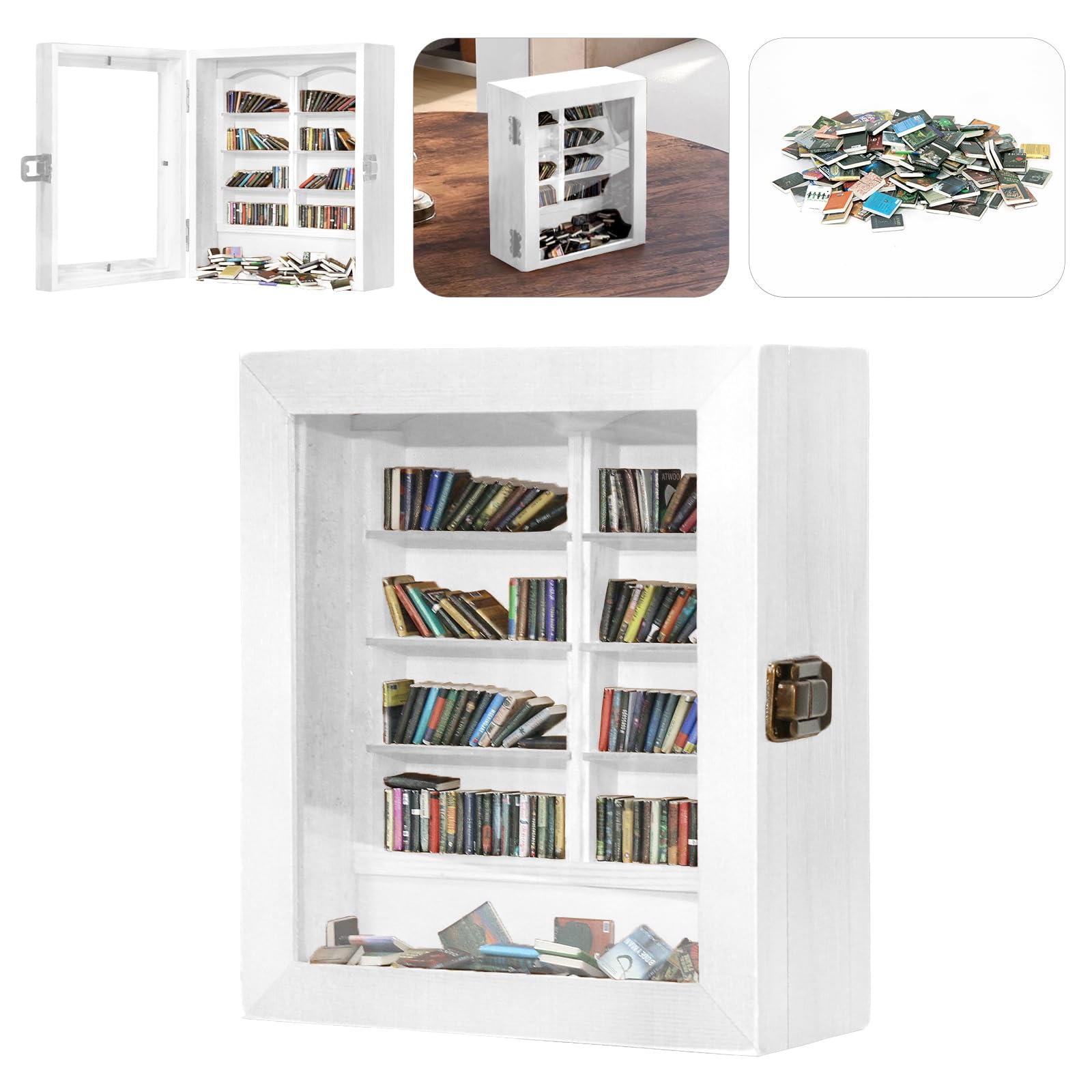 Anxiety Bookshelf for Shake Away Your Anxiety, Small Bookshelf Mini Books, Miniature Book Display Shelf with 200Pcs Mini Books, Funny Gifts for Book Lovers, Home Room Living Bookshelf Decor (White)