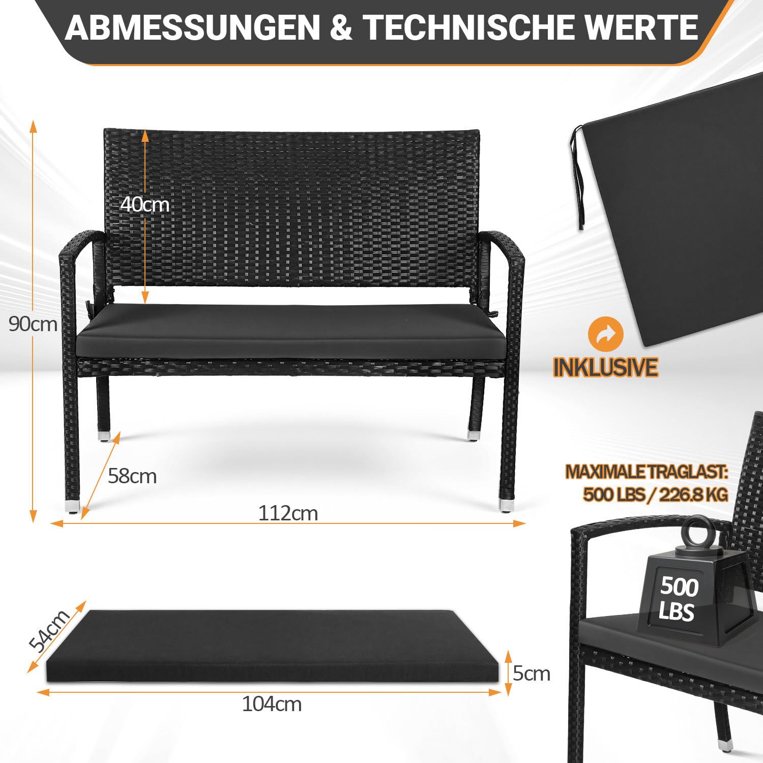 Banc de jardin résistant aux intempéries avec coussin, banc de balcon en polyrotin 2 places, 112 x 58 x 90 cm, banc d'extérieur charge jusqu'à 227 kg, banc avec dossier et accoudoirs, noir