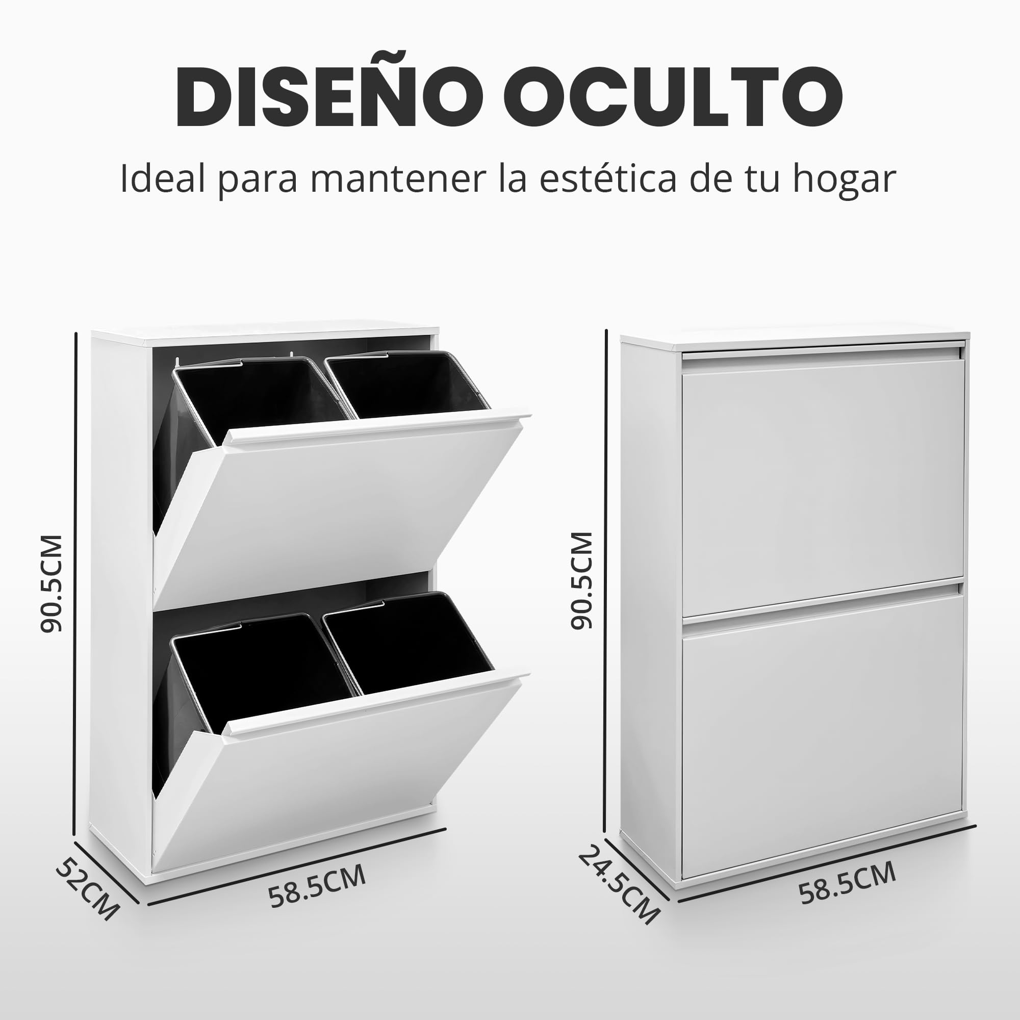 JUPPLIES Cubo de Basura Cocina Reciclaje de Acero con 4 Compartimentos | 4x17 (68L) | Mueble Contenedor de Reciclaje Metálico con 2 Cajones Abatibles para Casa u Oficina | 90,5x58,5x52cm