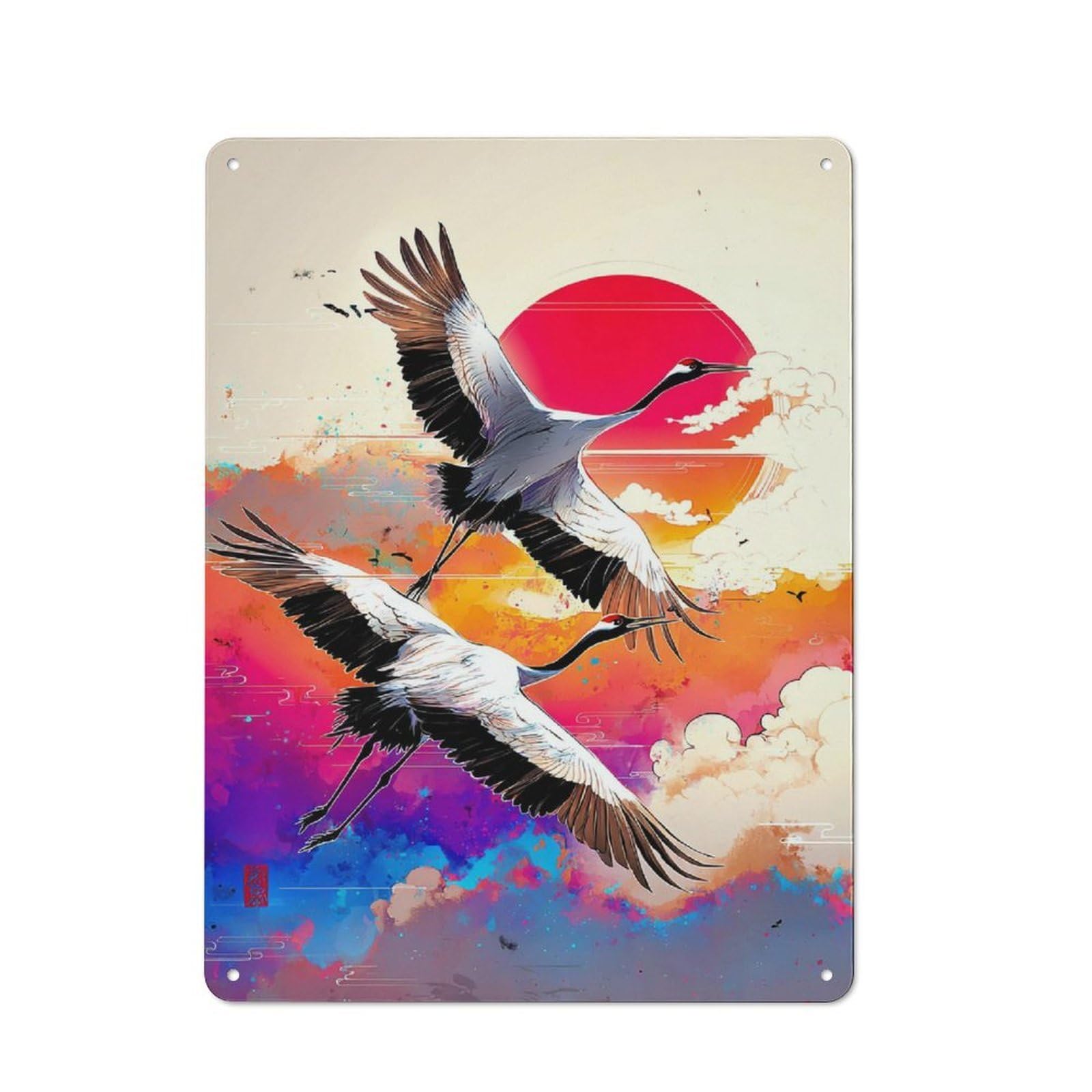Decorative Tin Sign with Two Cranes Soaring Against A Vibrant Sunset Sky Design 40x30cm, Farmhouse Cottage Wall Art for Farmhouse Kitchen, Pantry Or Dining Area