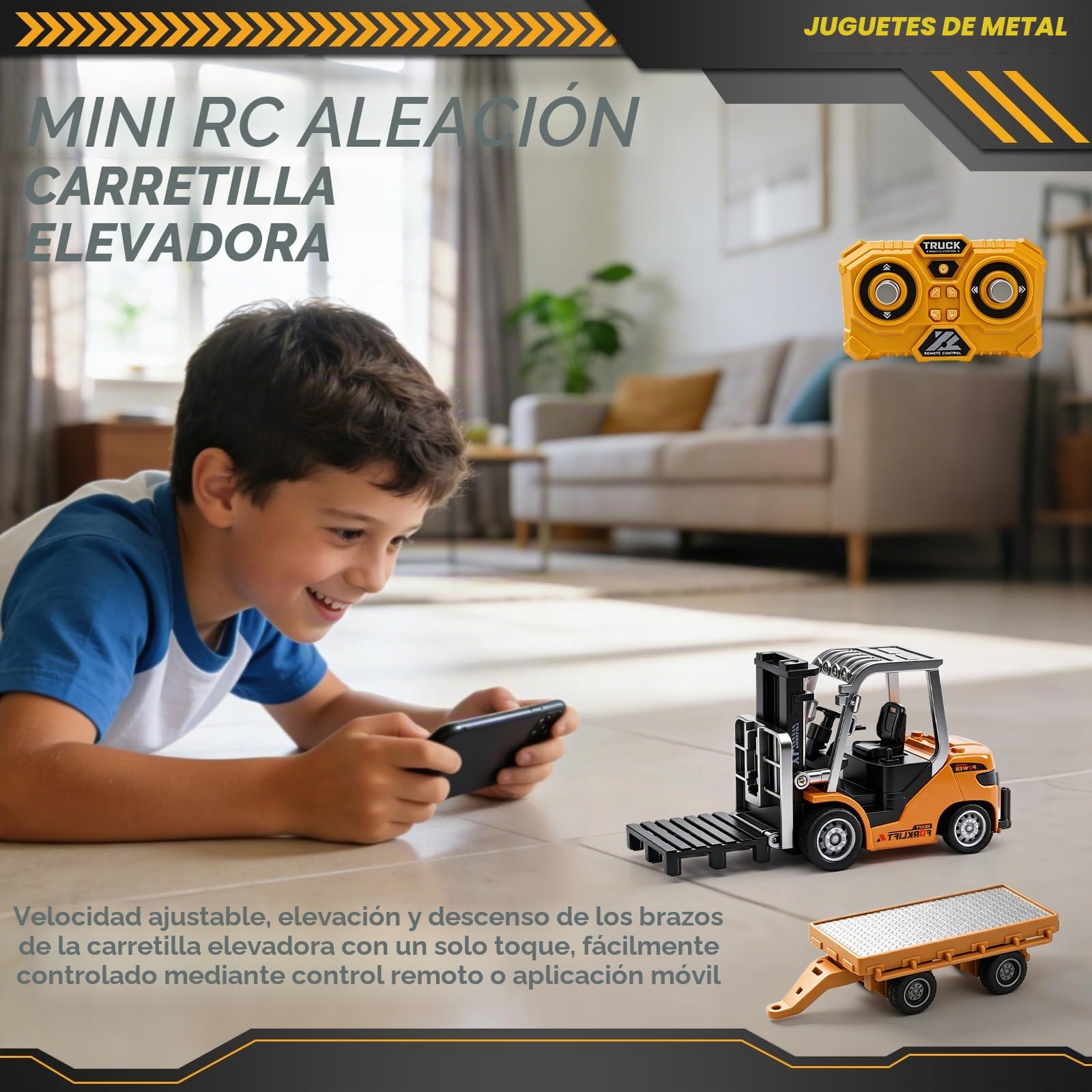 Mini Carretilla Elevadora RC con Remolque, 1:64 Juguete de Carretilla Elevadora Teledirigida con App y Mando 2,4 GHz, 3 Velocidades, Horquillas y Gancho, Vehículo de Construcción RC