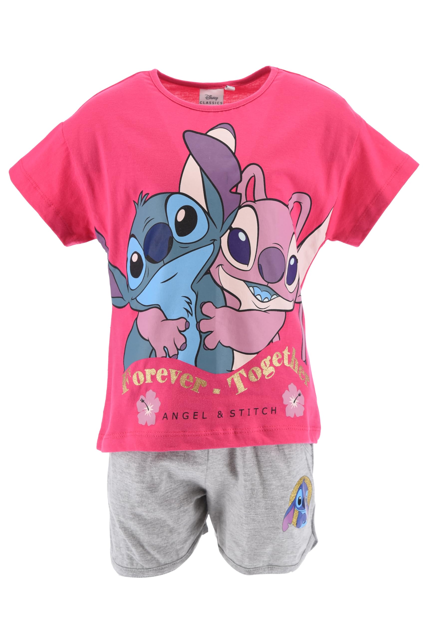 Disney Stitch Camiseta y Pantalón Corto para Niña, Pijama Algodón Suave, Forever Together' Stitch y Angel Conjunto 2 Piezas Verano, Tallas 6 a 12 Años