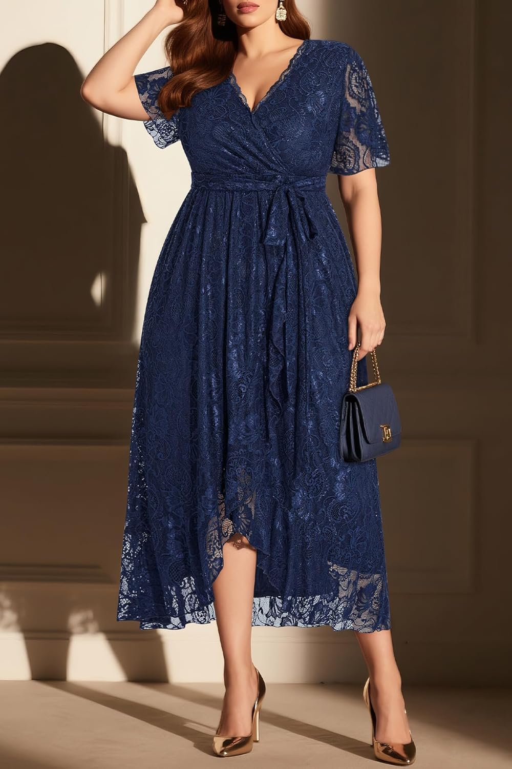 Plus Size Dresses Wedding Guest - Formal Cocktail Party Long Lace High Low Wrap V Neck Dress - Image 5