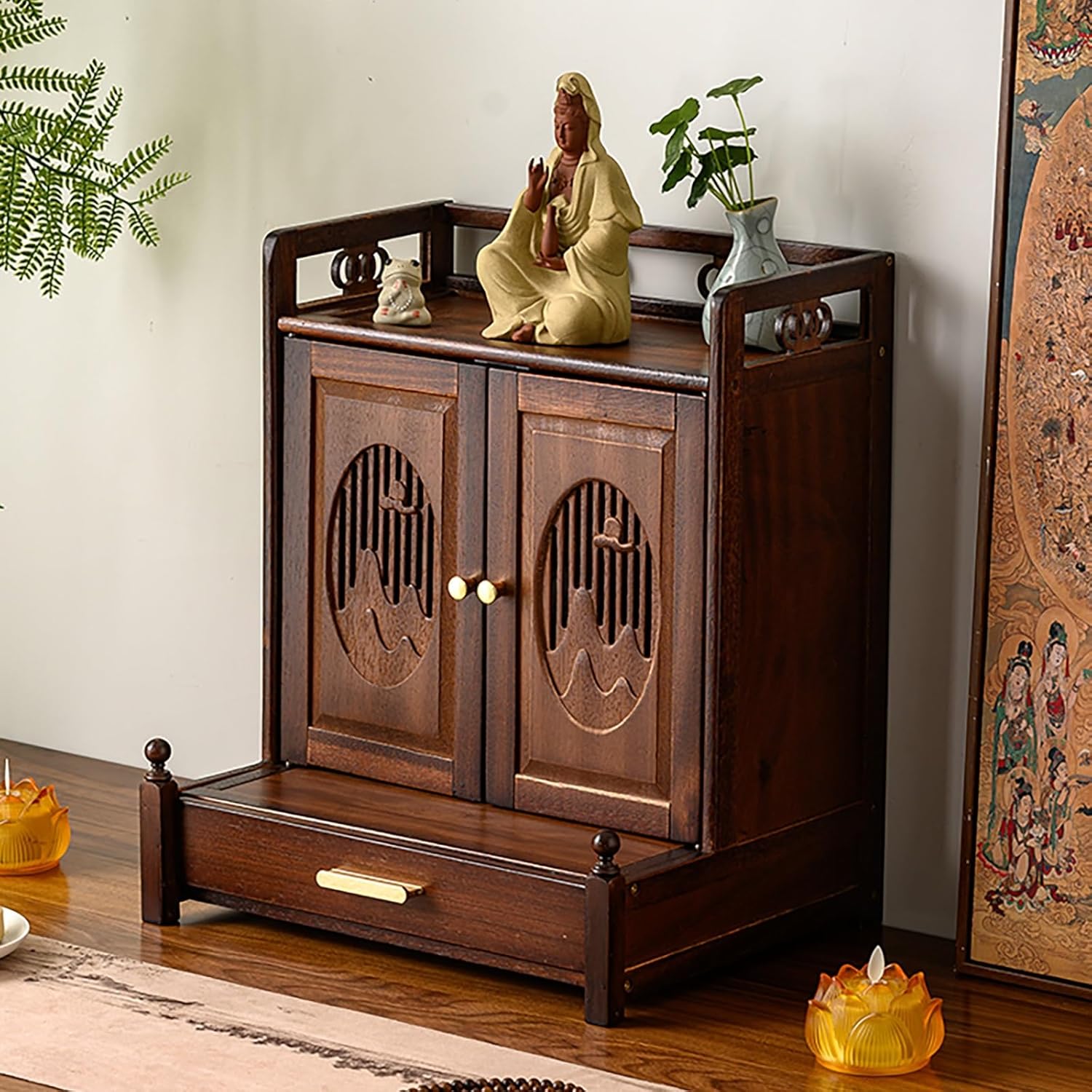 Altar Table Buddha Shelf with Storage Tier and Auspicious Cloud Carving, Buddhist Offering Niche for Pooja and Incense Tribute for Small Spaces(Brown-B2)
