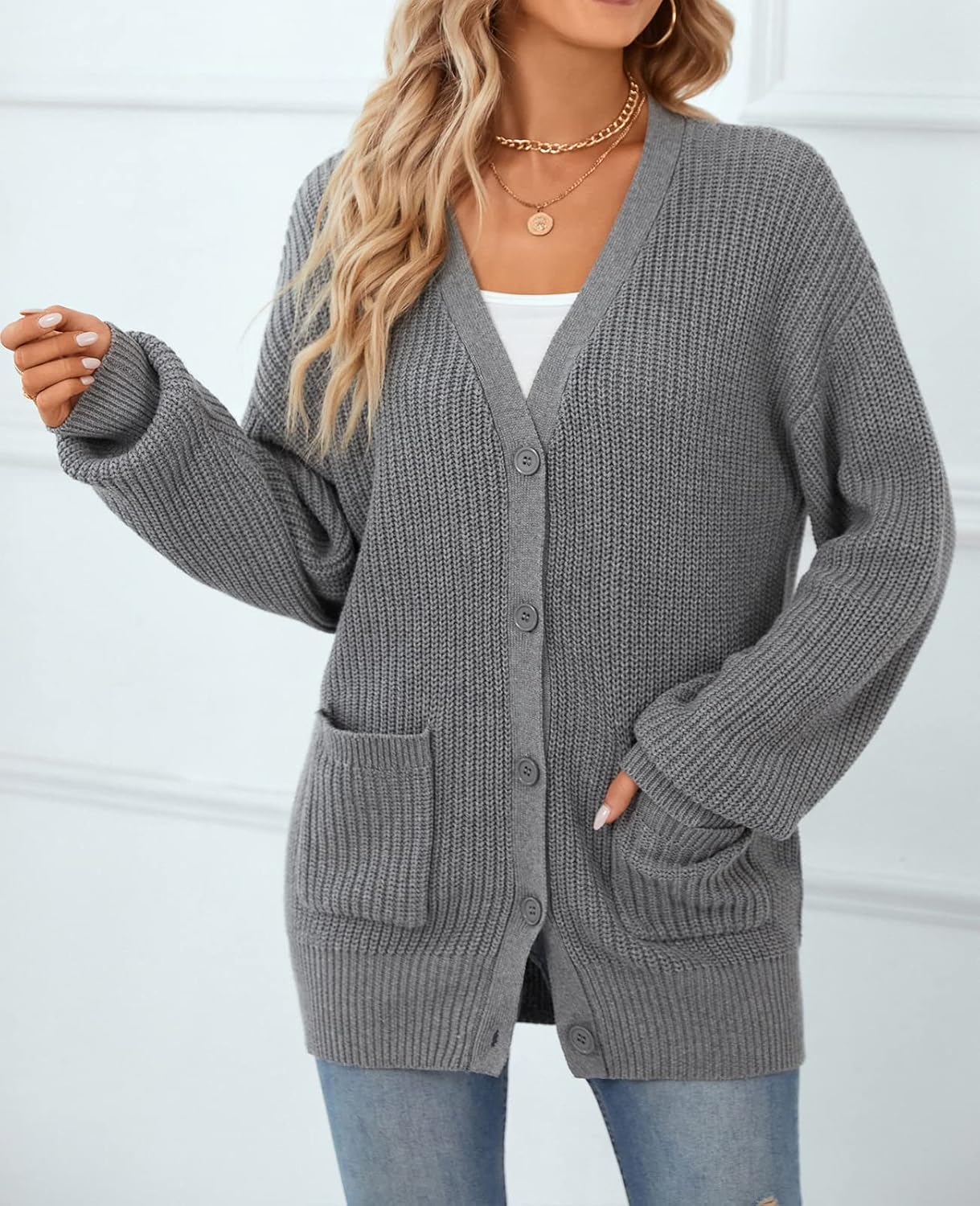 QUALFORT Women's 100% Cotton Cardigan Lantern Sleeve Cardigan Oversized Swearter with Pockets - Image 5