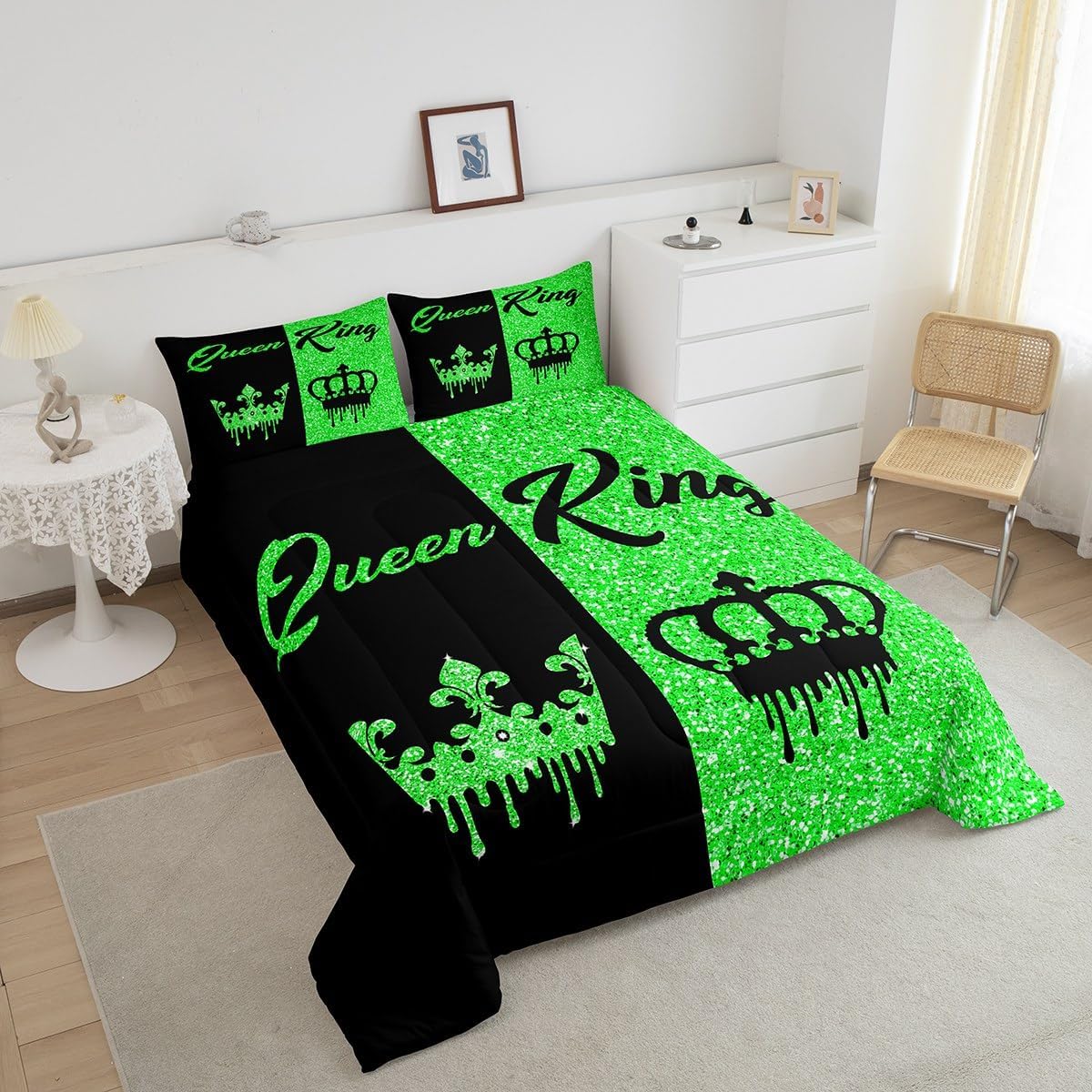 Feelyou Black and Green Crown Queen and King Comforter Set Queen Size for Adults Couple Men Women,Valentine's Day Wedding Gifts,His and Hers Quilt Set 2 Pillowcases Bedroom Decor(No Glitter)