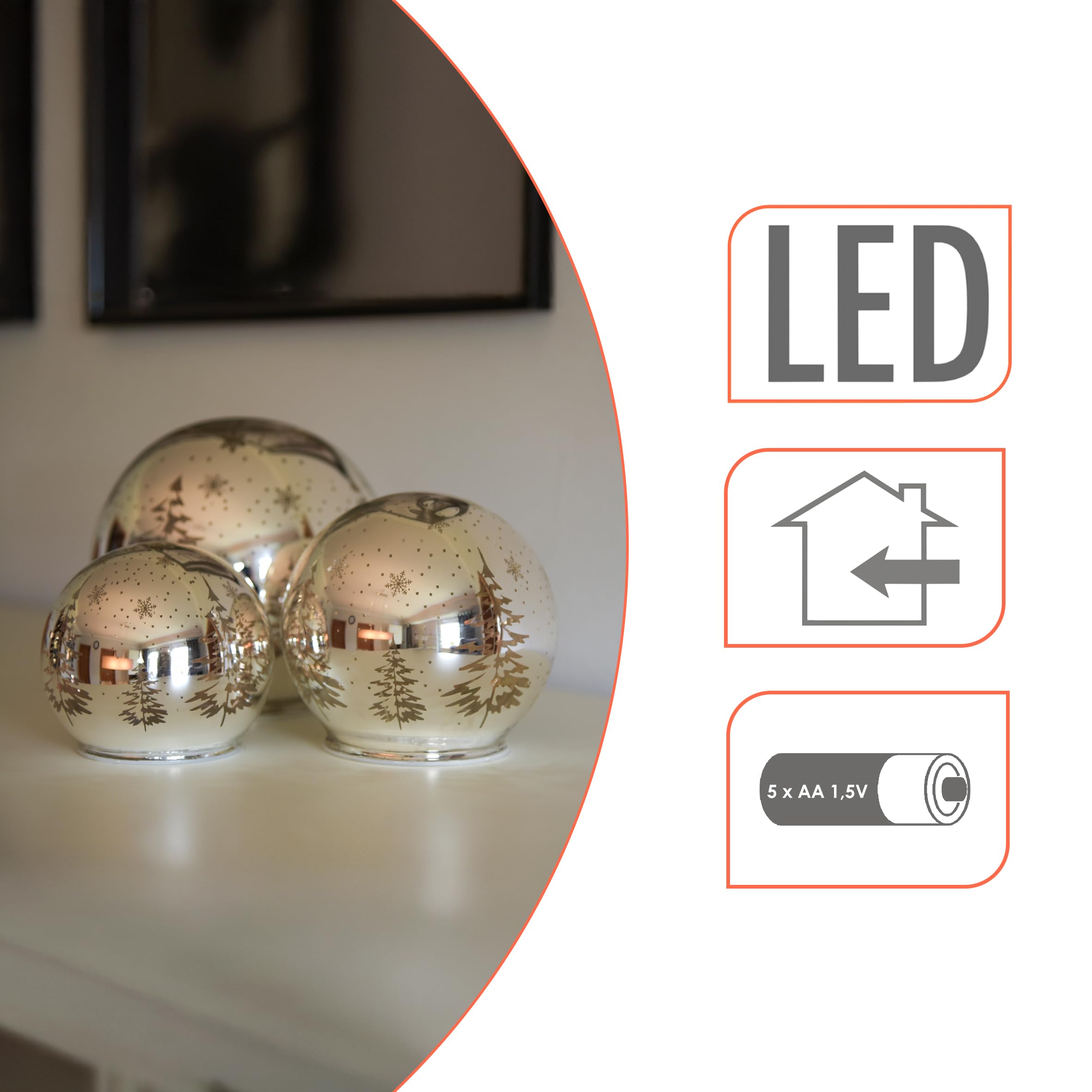 LED Deko Kugel Winterlandschaft im 3er Set - Ø 10 bis 15 cm - Weihnachts Tischdekoration warm weiß beleuchtet - Tisch Fenster Dekoration Schnee Winter Wald Batterie betrieben