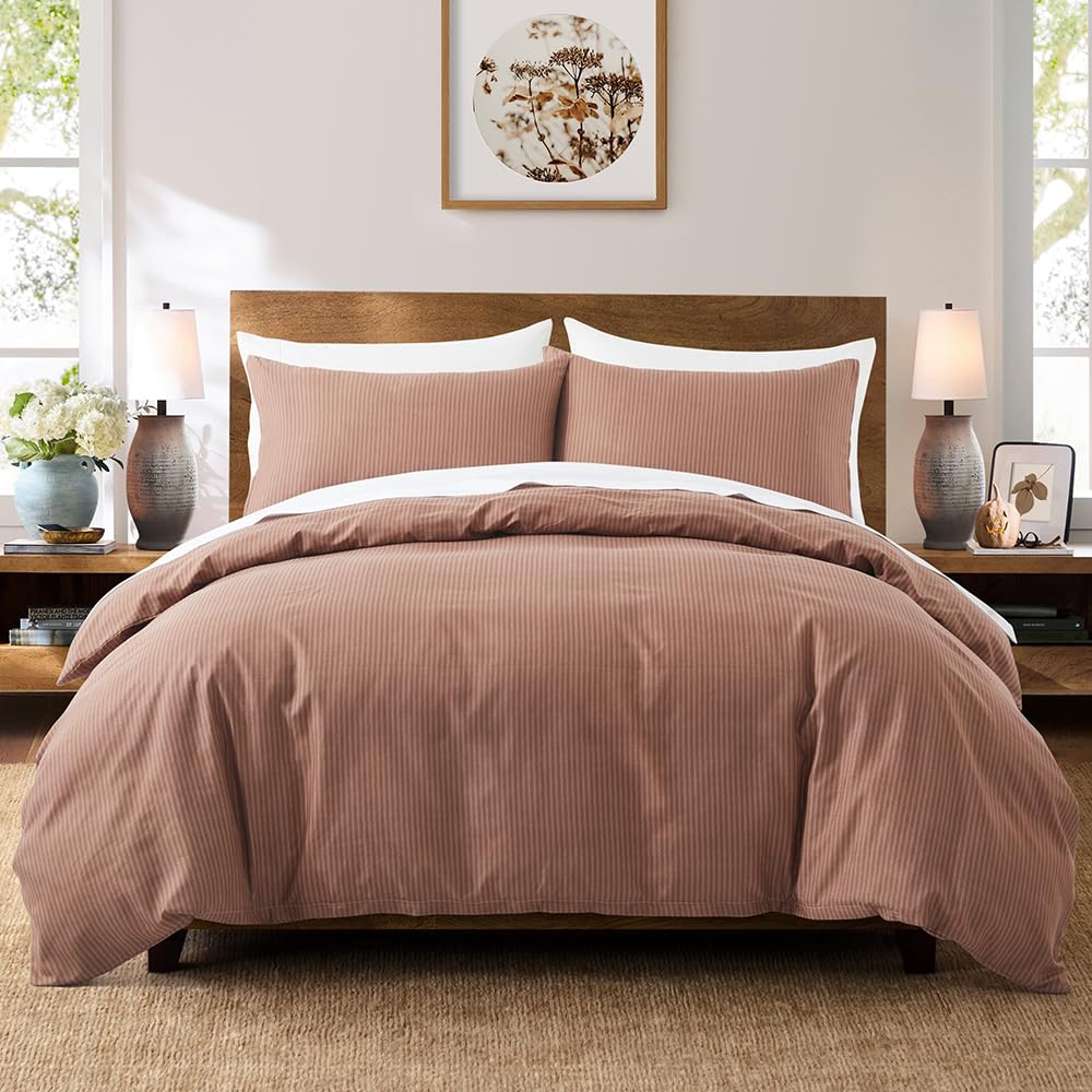 Housse de Couette Marron 3 Pièces 280 x 240 cm avec 2 Taies d'oreiller 65x65 cm Motif Marron uni Motifs Parure de Lit 280 x 240 cm Douce Respirable Microfibre Rayures