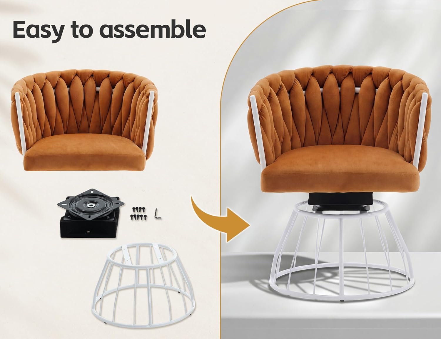 Velvet Swivel Accent Chair, Modern Upholstered Armchair with Woven Tufted Backrest, Comfy Leisure Chair for Living Room Bedroom Vanity, Orange