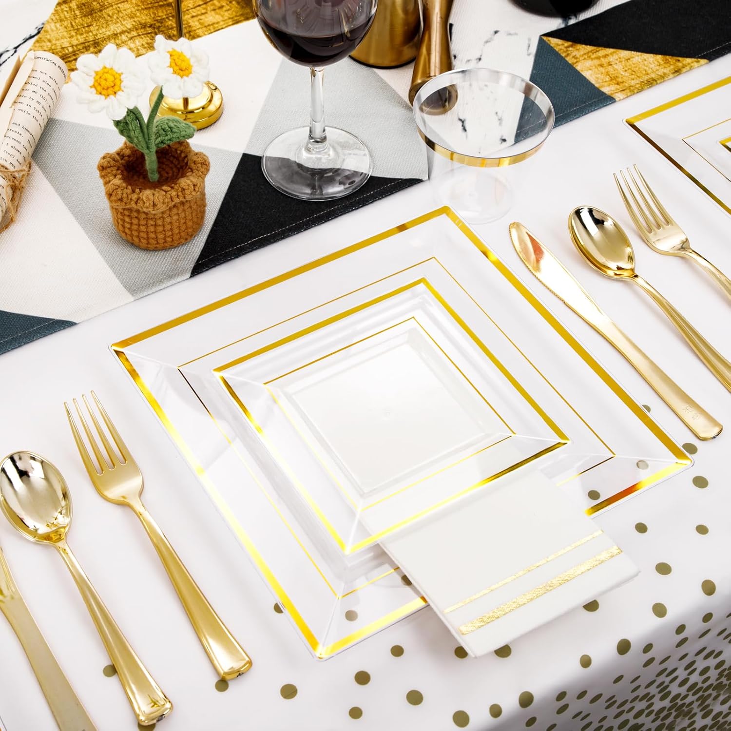 Festiva 350Pcs Clear Plastic Plates with Gold rim - Clear Gold Disposable Dinnerware for 50 Guests includeSquare Plastic Plates/Cups/Cutlery/Napkins Perfect for Birthday Party&Wedding