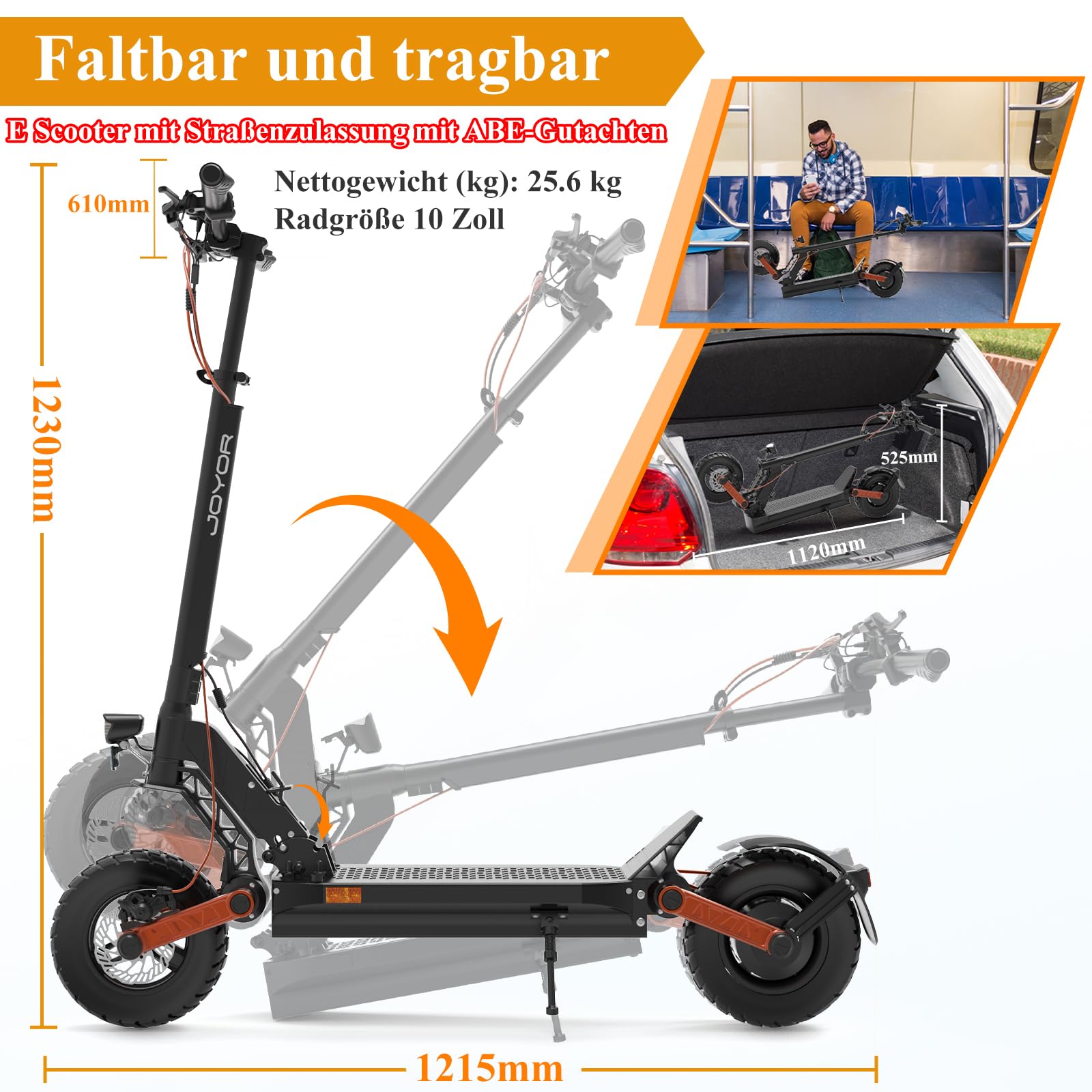 JOYOR E Scooter mit Straßenzulassung ABE, Maximale Reichweit 100km, 500W Motor Faltbarer Elektroroller, 10 Zoll E Roller