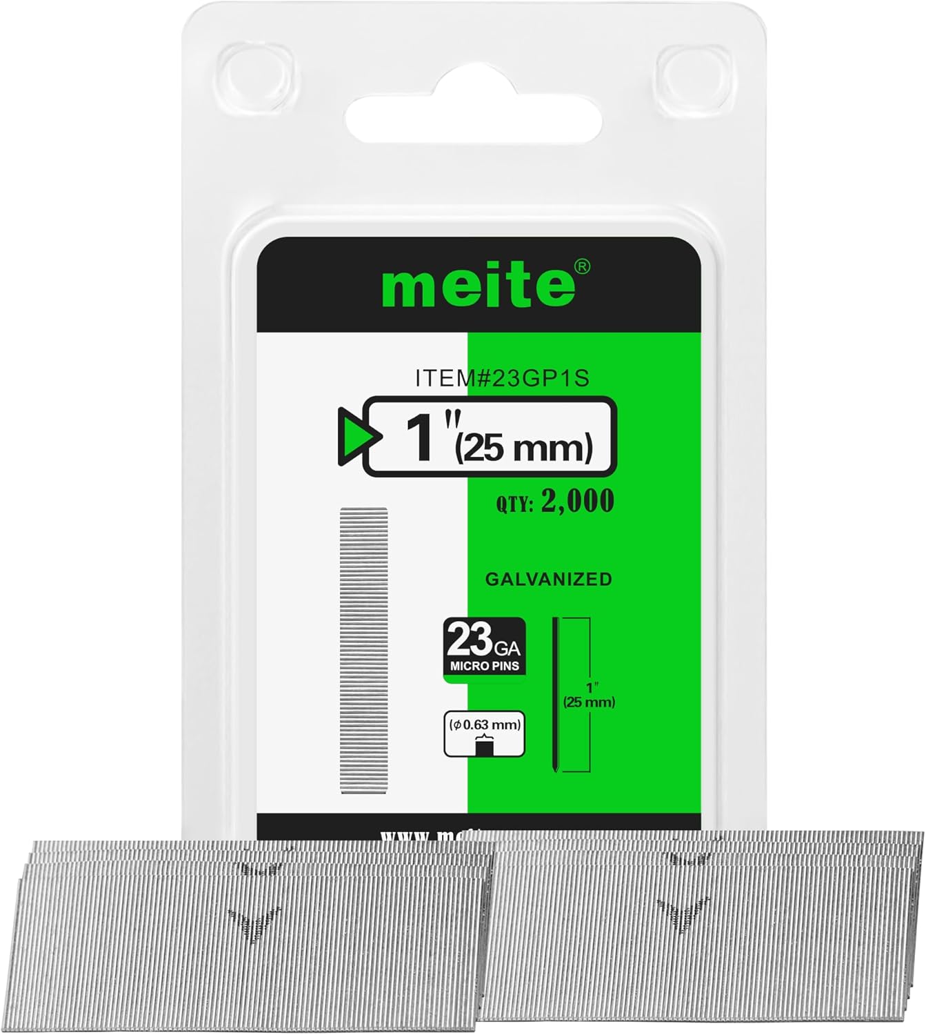 meite 23 Gauge Pin Nails, 1 Inch Micro Headless Pins - Galvanized 23GA Pins Nails for Nail Gun, Ideal for Fine Woodworking and Trim Work (2,000 Counts)
