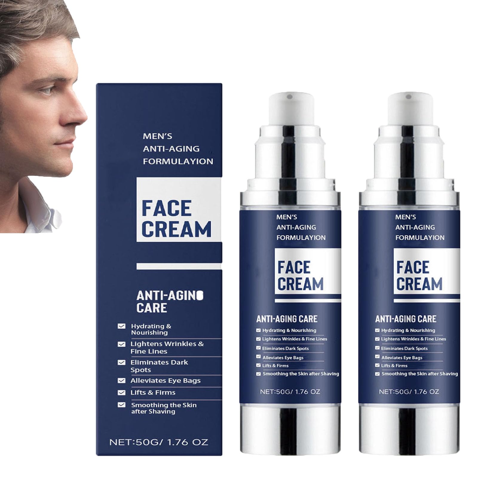 6 in 1 Men’s Anti-Aging Facing Moisturizer - Hydrating Cream for Darker Circles, Darker Spots, and Eye Bags Nourishing After Shave Lotion for Smoother, Firmer Skin (2pcs)