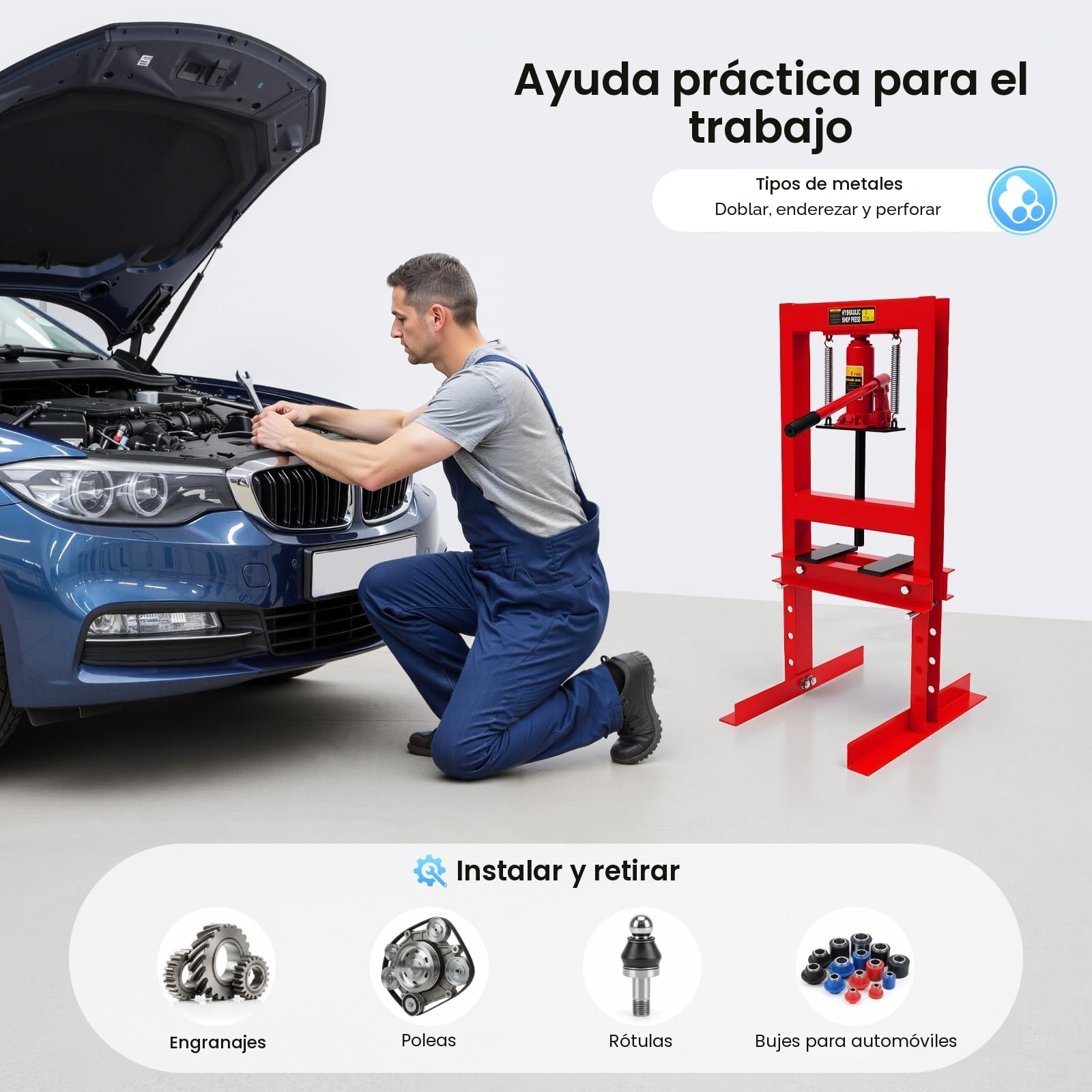 Prensa hidráulica de 6 toneladas, prensa manual de taller para garaje y trabajo de metal, prensa hidráulica estable con 4 niveles de altura y válvula de seguridad, ideal para cambios de rodamientos