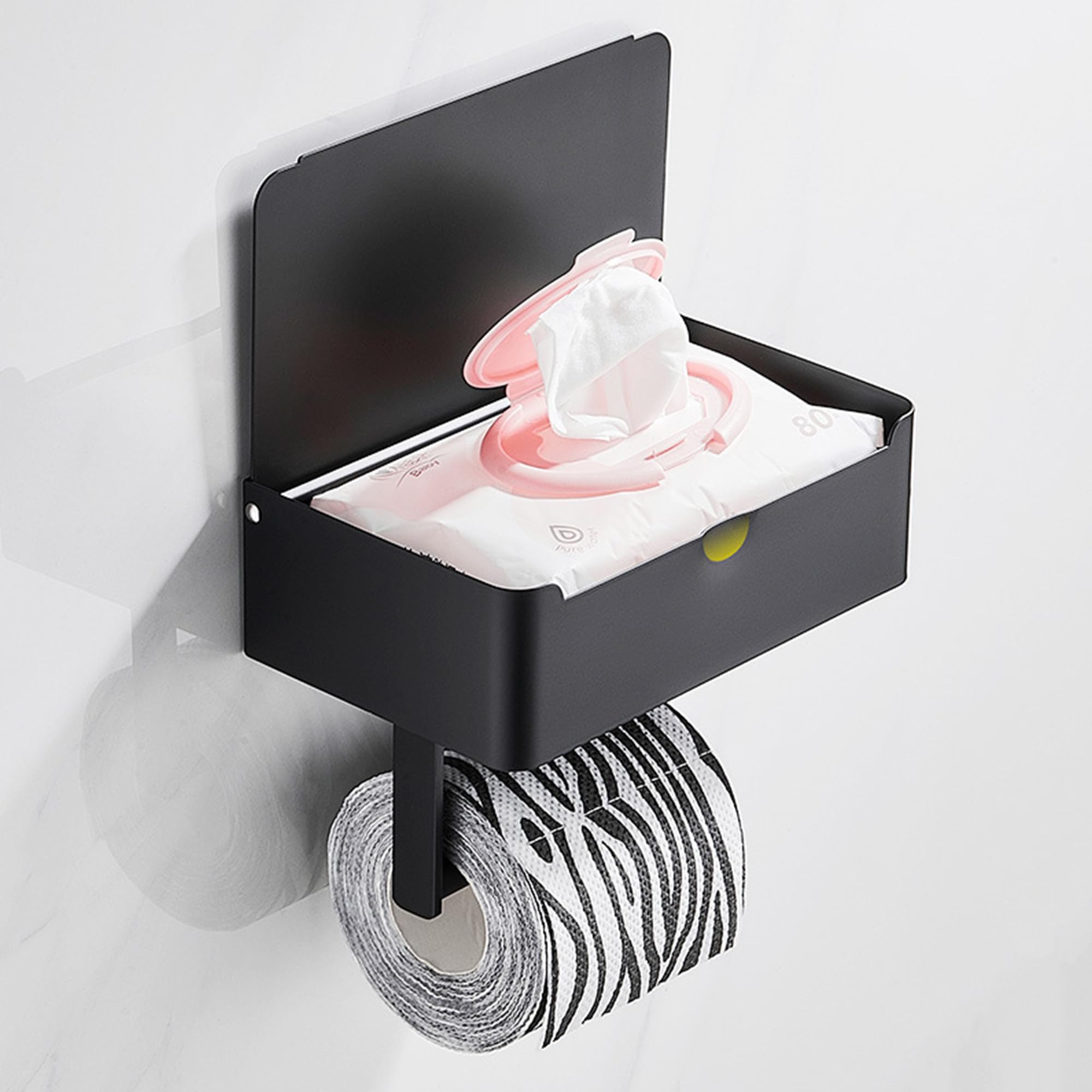 Portarrollos Papel Higiénico de Pared con Estante, Acero Inoxidable, 20 x 12,2 x 15,7 cm, Soporte Papel Higienico Moderno y Sencillo, sin Taladrar, Plata Cepillada/Oro Cepillado/Negro