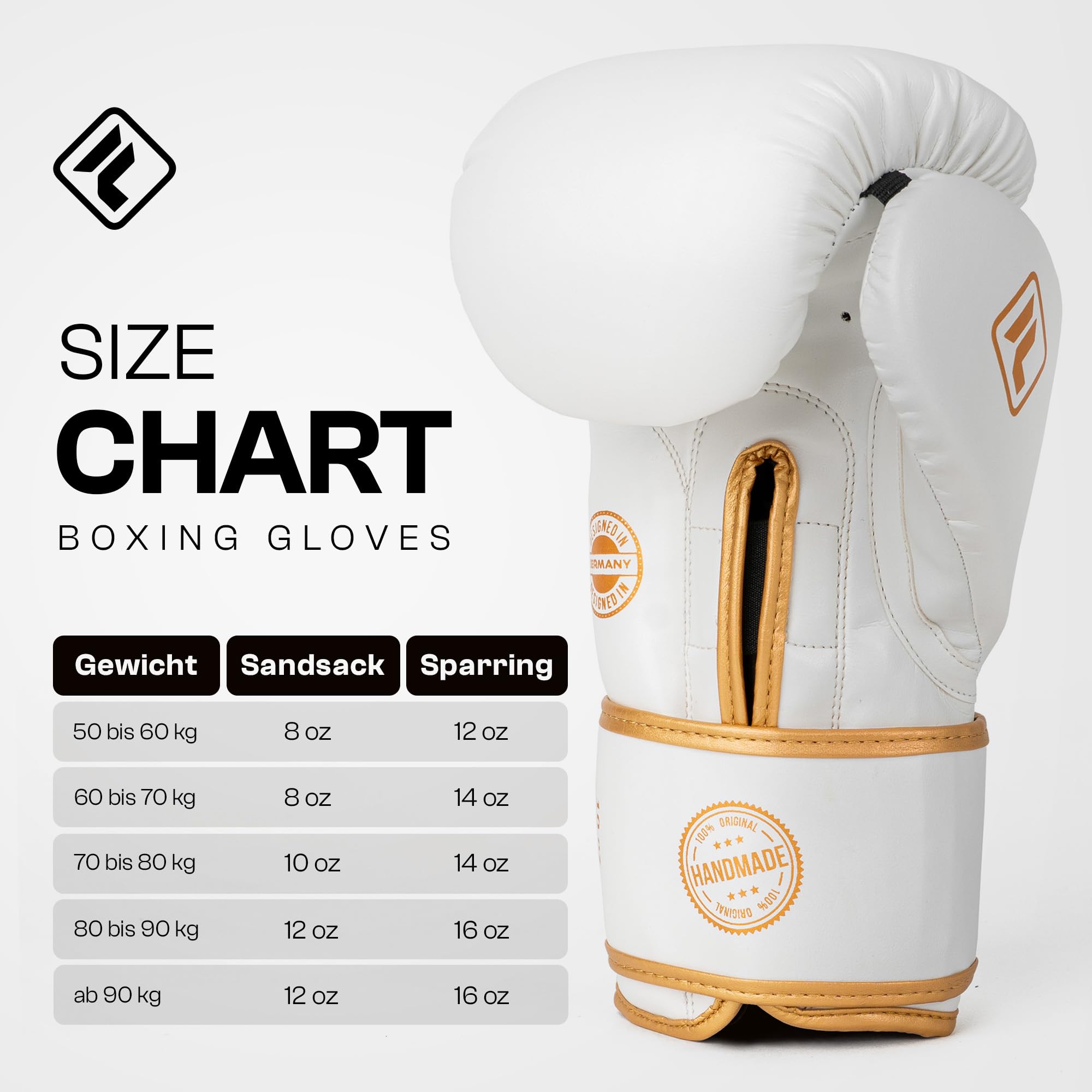 Boxhandschuhe FIGHTERO Weiss Gold mit kostenlosen Bandagen und Tasche – Profi Boxhandschuh Set für Training, Kickboxen, Muay Thai & MMA – atmungsaktiv, ergonomisch & robust – 8 oz - 16 oz