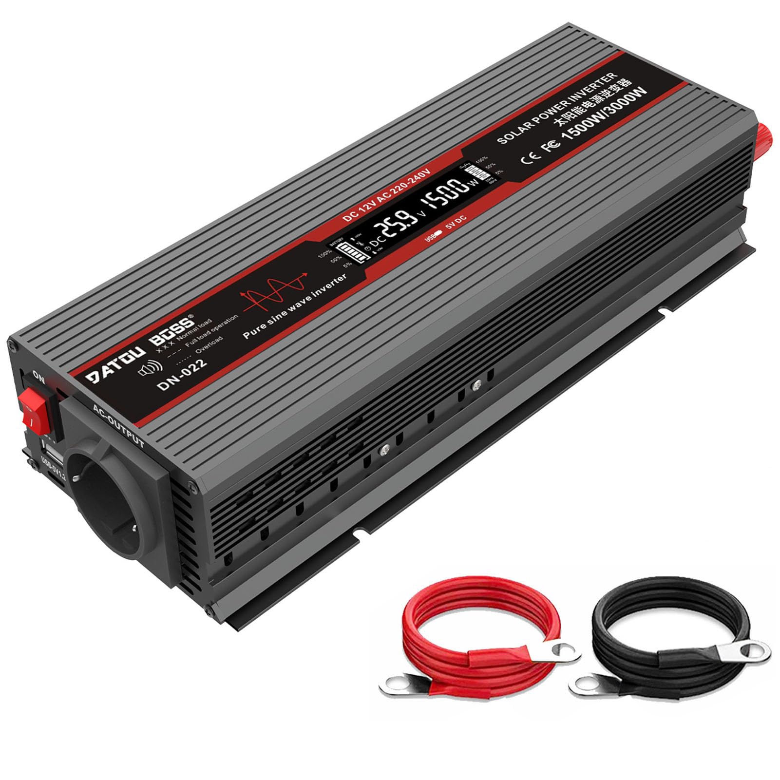 DATOUBOSS Przetwornica napięcia 24 V na 230 V, czysta sinusoidalna 1500 W/3000 W, z wyświetlaczem LCD, portami USB i gniazdami UE do domów, przyczep kempingowych