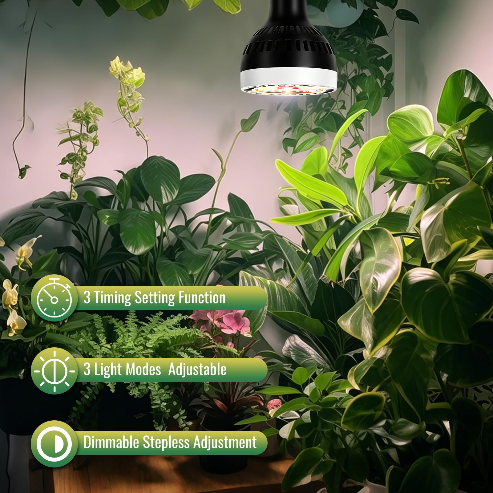 Lámpara de Plantas,Luz de Crecimiento Plantas 19W,E27 Luz Plantas Interior,Grow Light con Temporizador 4/8/12H para Plantas de Interior (Una Cabeza)