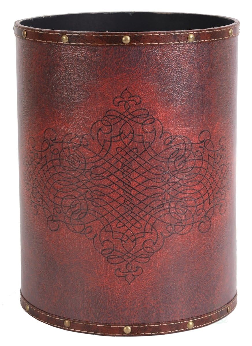 10 X 10 X 13 in. Faux Leather Antique Design Waste Bin, Cherry