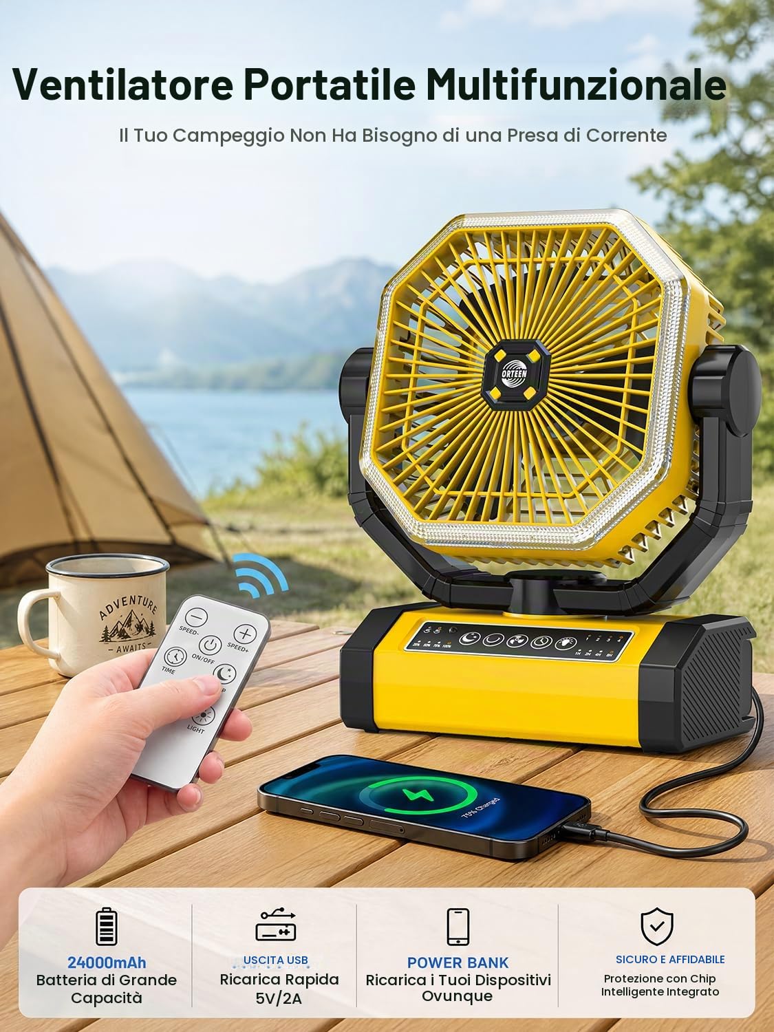 Ventilatore da tenda - Ventilatore da 9 pollici a batteria per il campeggio, 24000mAh 60h, ventilatore portatile ricaricabile con luce, telecomando, 4 velocità, 4 timer, testa oscillante, giallo