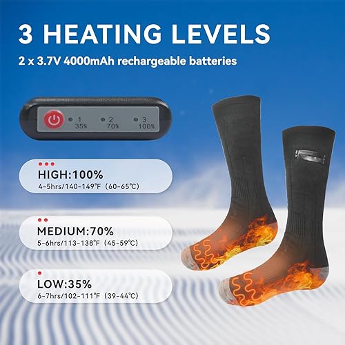 Miniatura 7 de Calcetines calefactables para hombres y mujeres, 4000 mAh recargables eléctricos, calcetines calefactables con batería con 3 ajustes de calor para