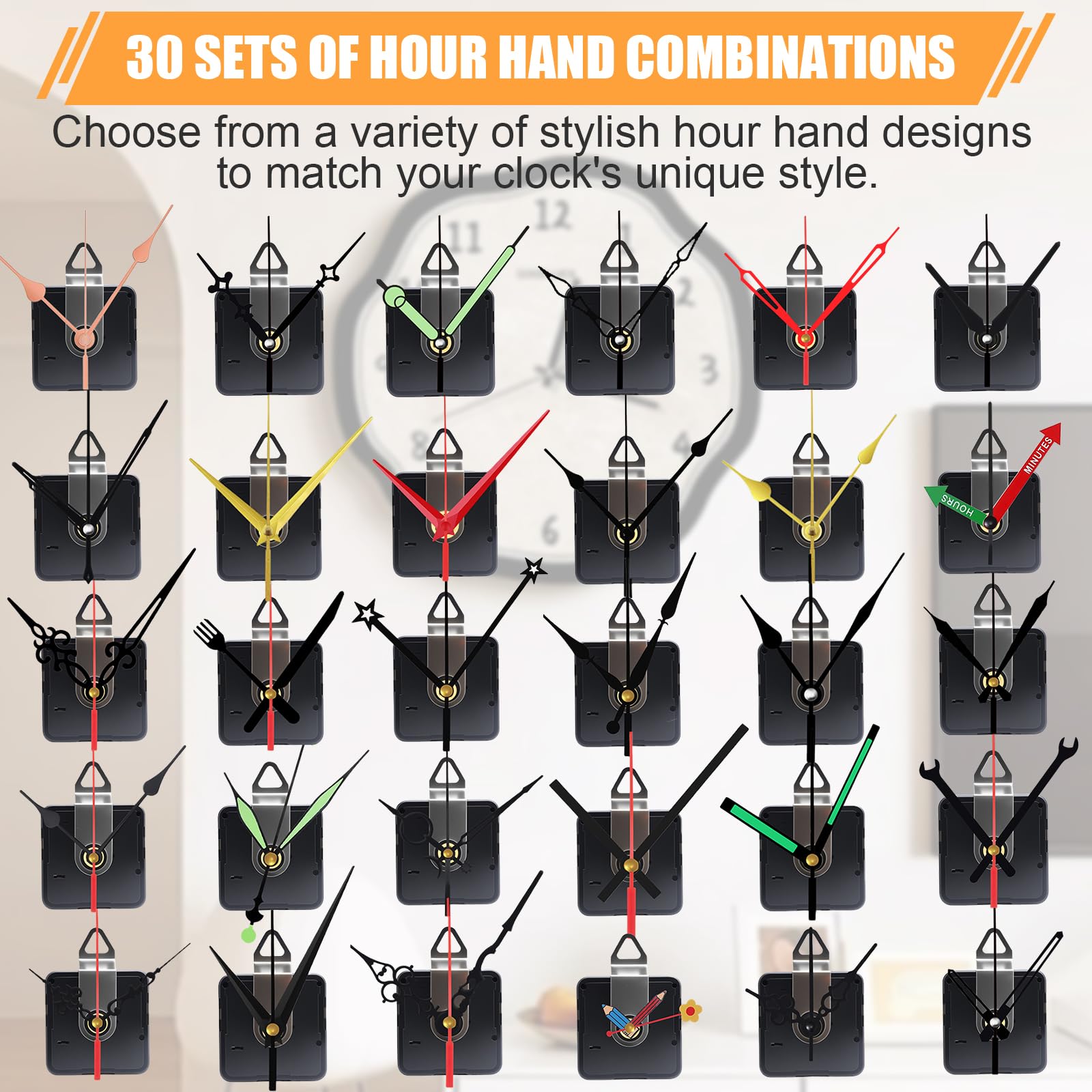 30 Stück Quarz-Uhrwerk-Mechanismus-Kit, leises Sweep, kein Ticken, 20 mm Gesamtschaft (11 mm Gewinde), passend für 3–6 mm Zifferblätter, 30 Zeigerstile, Haken zum Aufhängen und spurlose Nägel