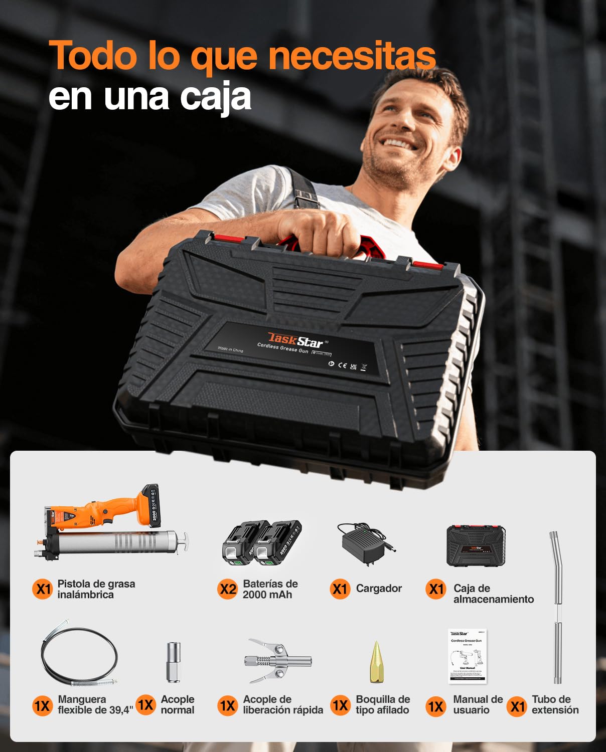 TaskStar 2-en-1 Engrasadora Bateria: 10000 PSI Pistola de Engrasar Eléctrica con 2 Baterías, Manguera de 39.4", 3 Engrasadores, Ideal para Maquinaria Pesada, como Tractores
