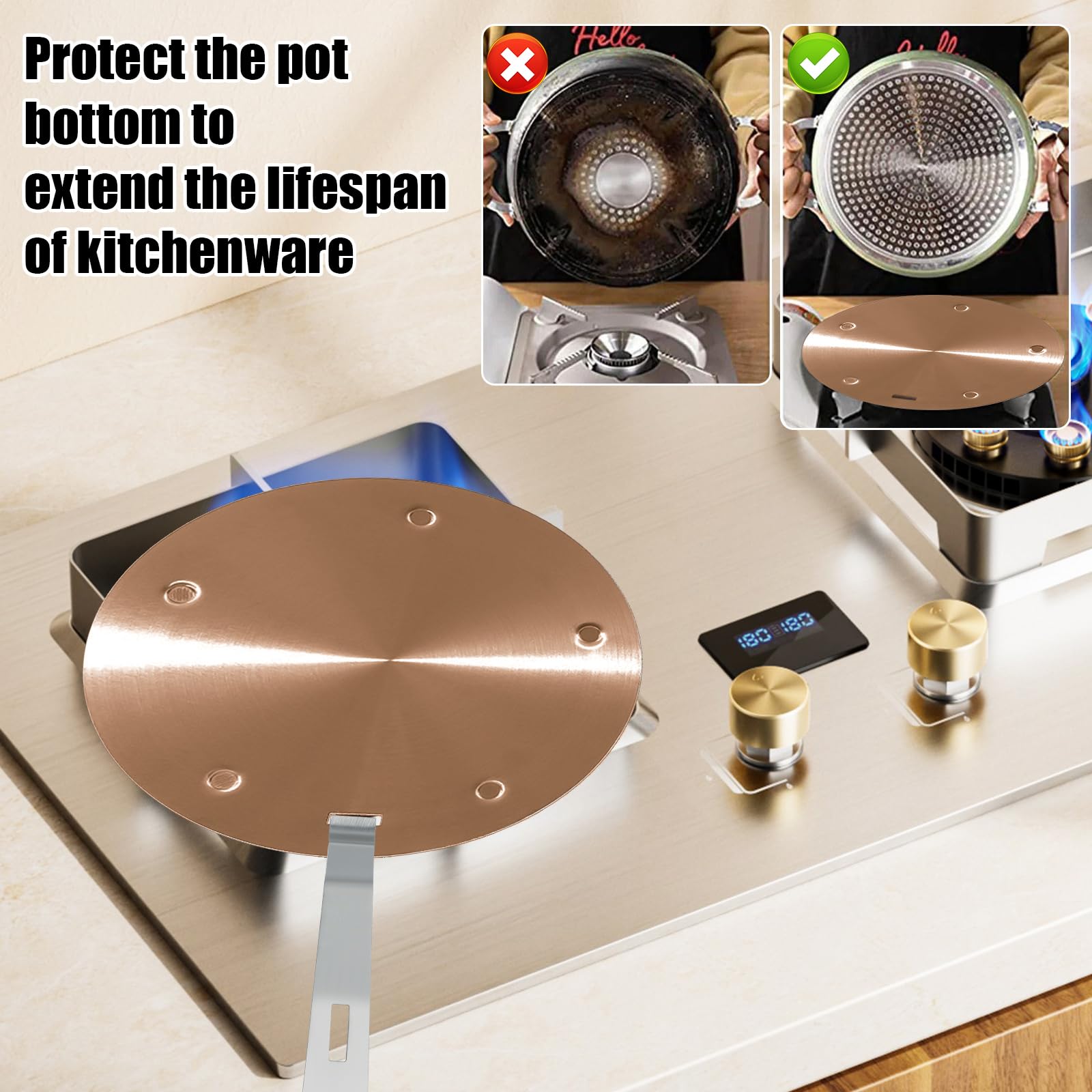 BigKing Piastra di Diffusione di Calore 16cm, Adattatore di Induzione, Disco convertitore di Piastra di Cottura a Induzione con Maniglia Rimovibile Isolante (Oro rosa)