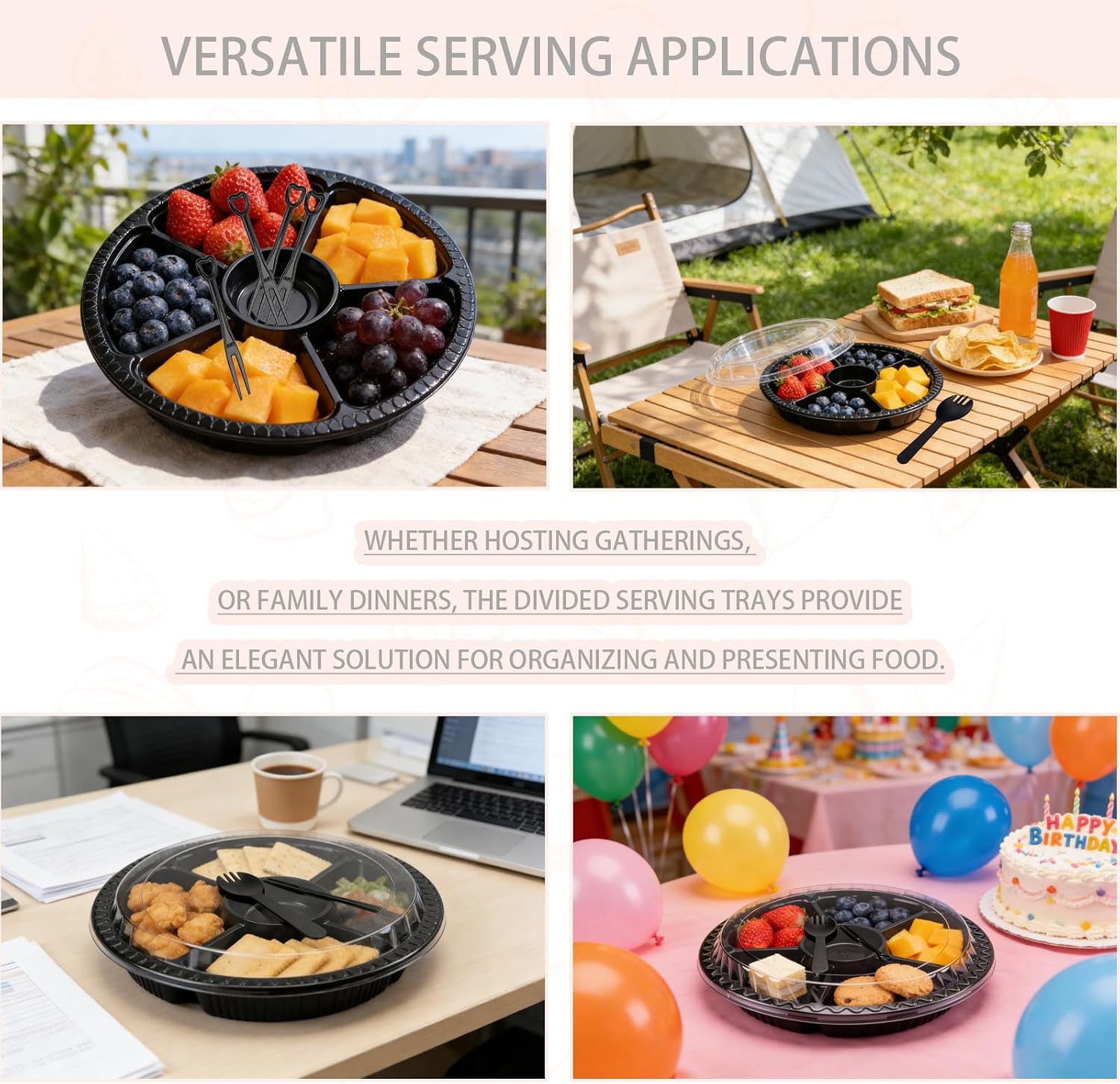 30 Pack 10.5 Inch Plastic Appetizer Tray with Lid, 6 Sectional Round Plastic Divided Serving Tray with 200 Forks and 100 Spoon-Forks, Disposable Food Party Platters for Snack,Fruit,Vegetable