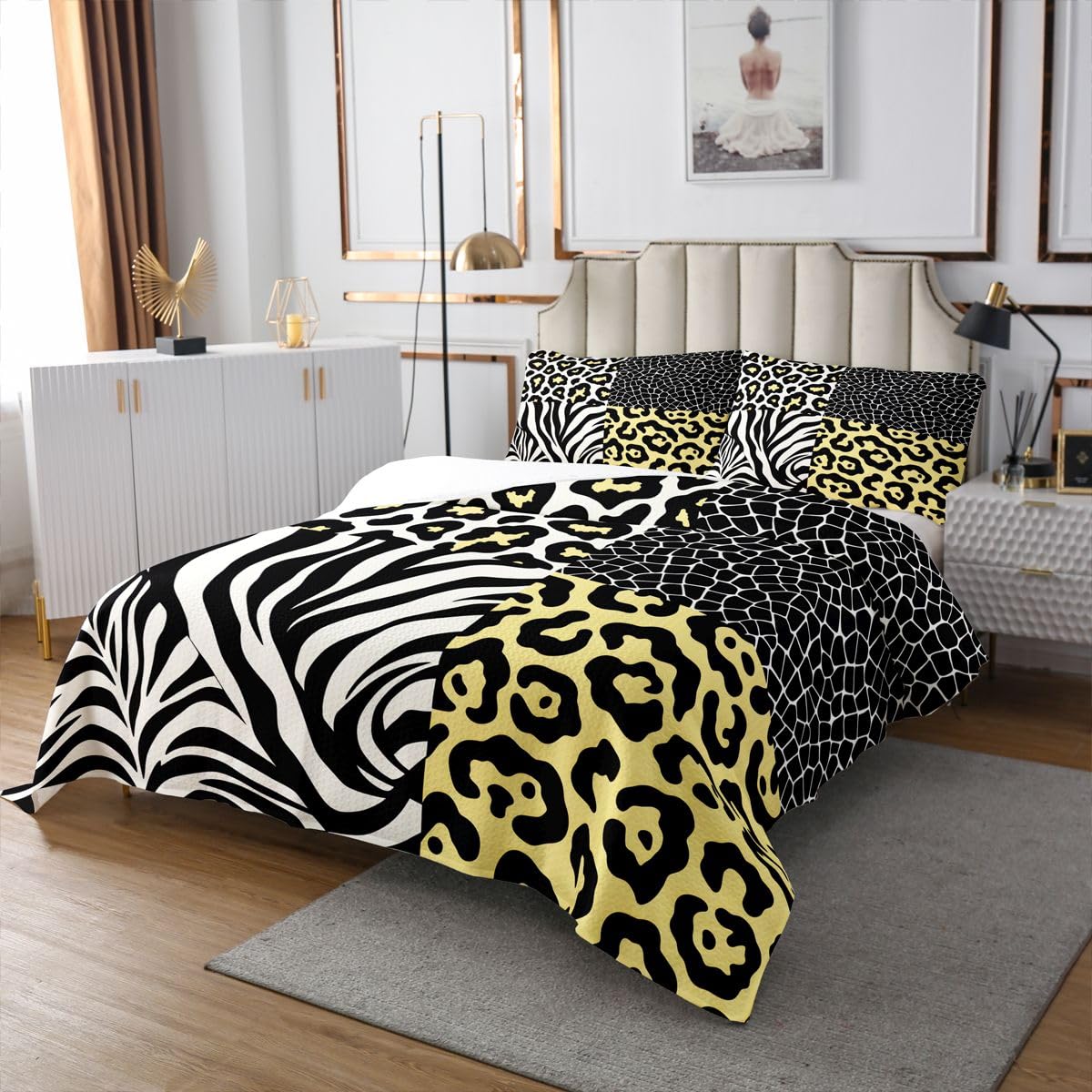 Loussiesd Lampart Zebra Print Narzuta Kołdry Leopard Zebra Wzór Narzuta Zestaw Pojedynczy Rozmiar dla Dzieci Chłopców Dziewcząt Żółty Czarny Narzuta Narzuta Na Całoroczny Z 1 Poduszką Z Mikrofibry