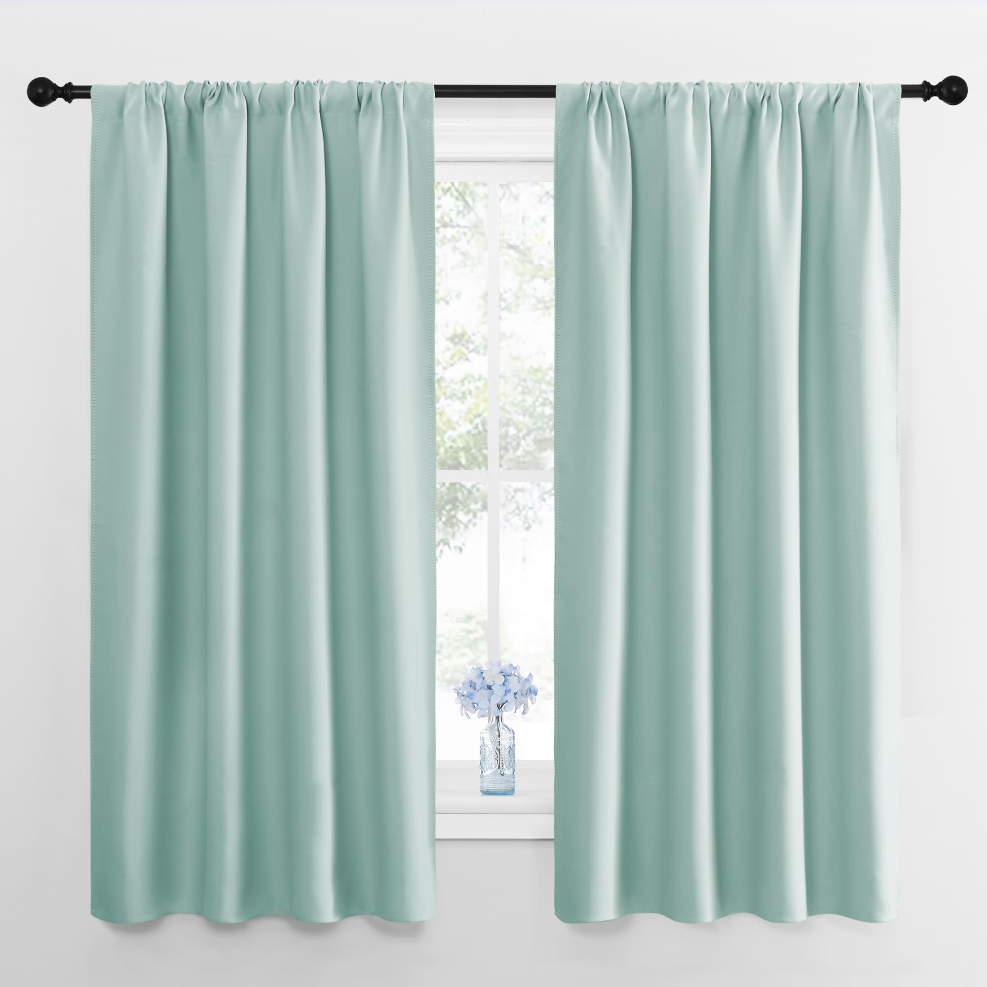 NICETOWN Bedroom Curtains Blackout Draperies, Aqua Blue, 1 Pair, 34-inch W x 63-inch L, Home Decorations Thermal Insulated Solid Pole Top Blackout