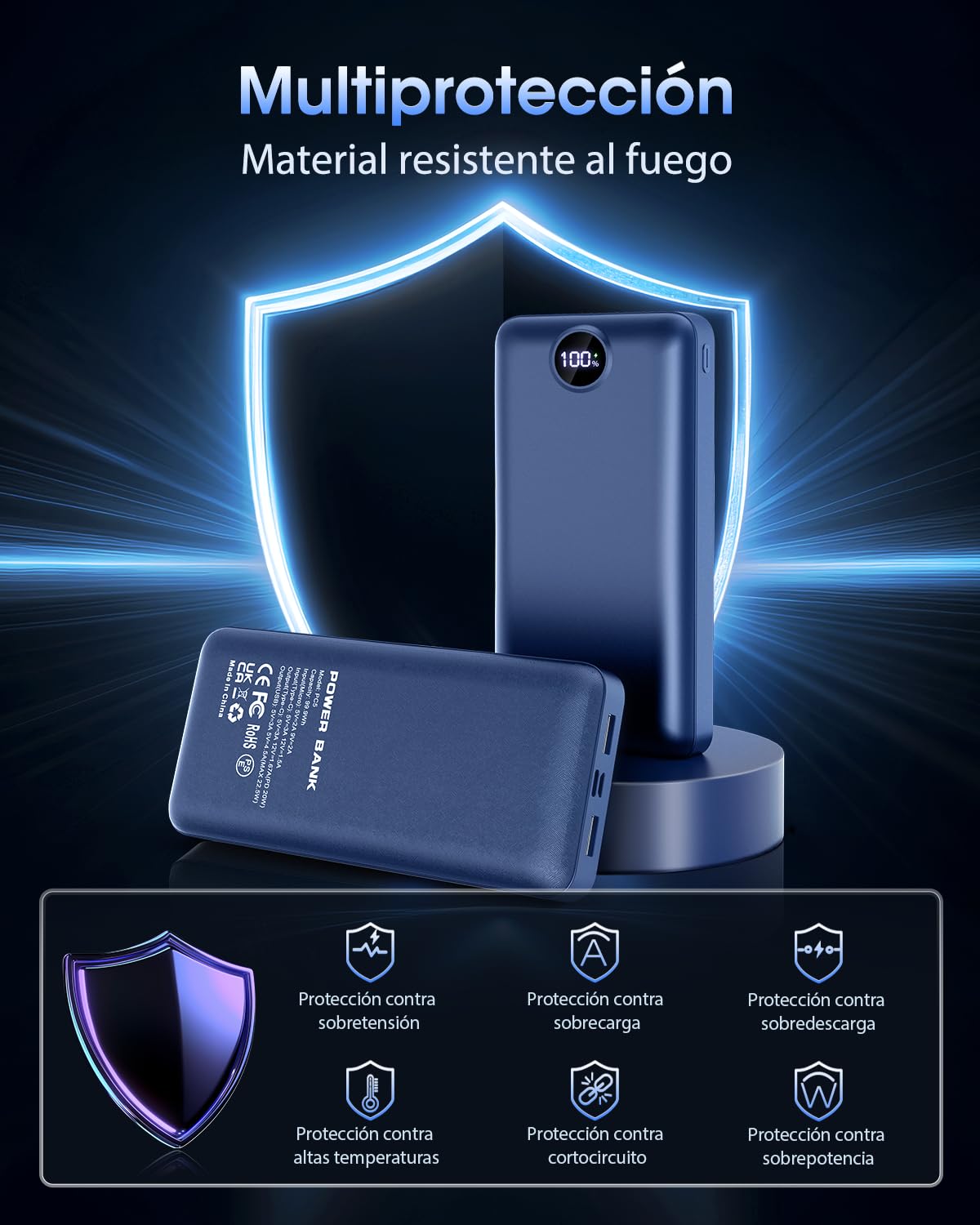 Power Bank 50000mah, 22.5W Bateria Externa Carga Rapida Portatil Camping,USB-C con 3 Salidasy 2 Entradas, Pantalla Led, Gran Capacidad Compatible con iPhone iPad, Android Azul