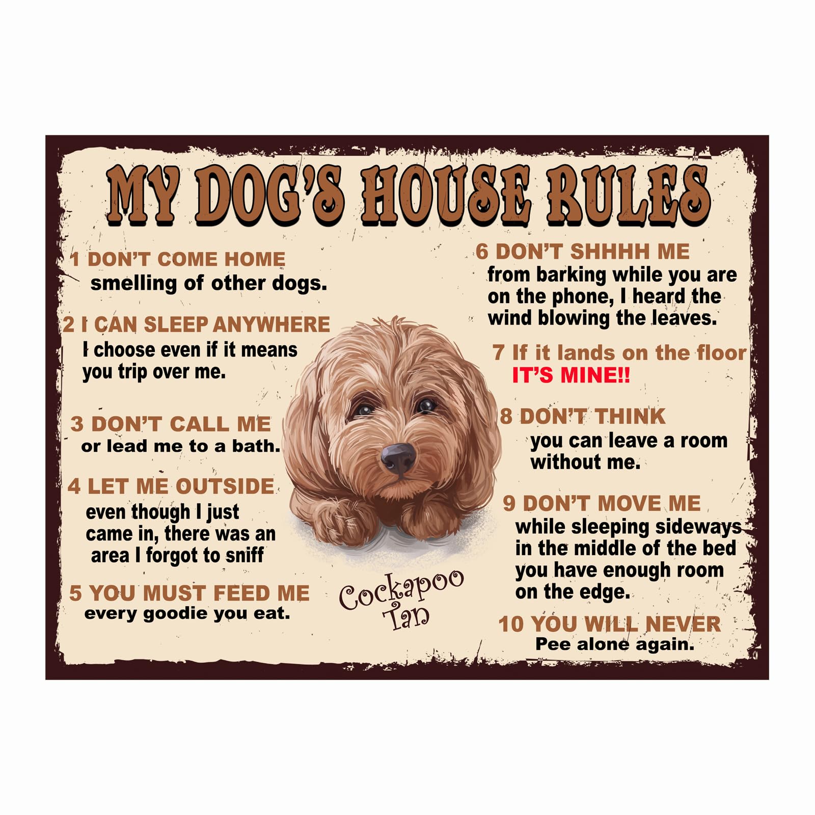 MY DOG'S HOUSE RULES COCKAPOO TAN THEME METAL RETRO STYLE PLAQUE/SIGN HOME DECOR SHABBY CHIC ART (10" X 8")