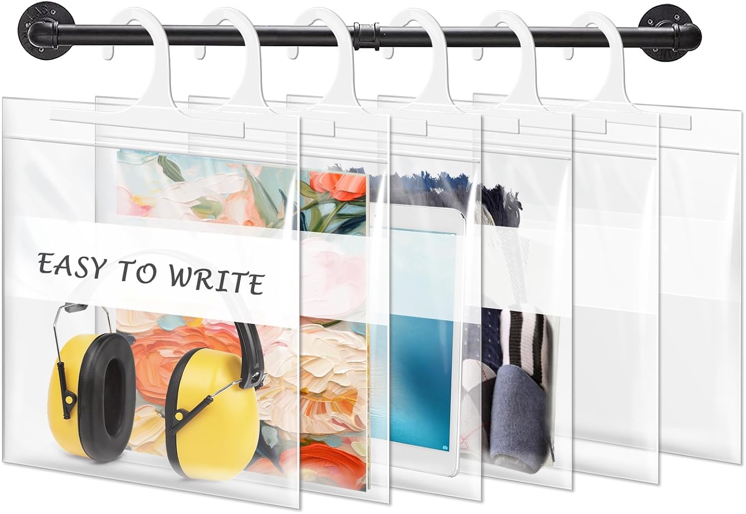 10 x 12.5 Inches Hanging Storage Bags, Headphone Storage Bags with Write-on White Block for Labeling, Large Hook Clear Plastic Bags for Classroom, Library, and Pharmacy Use