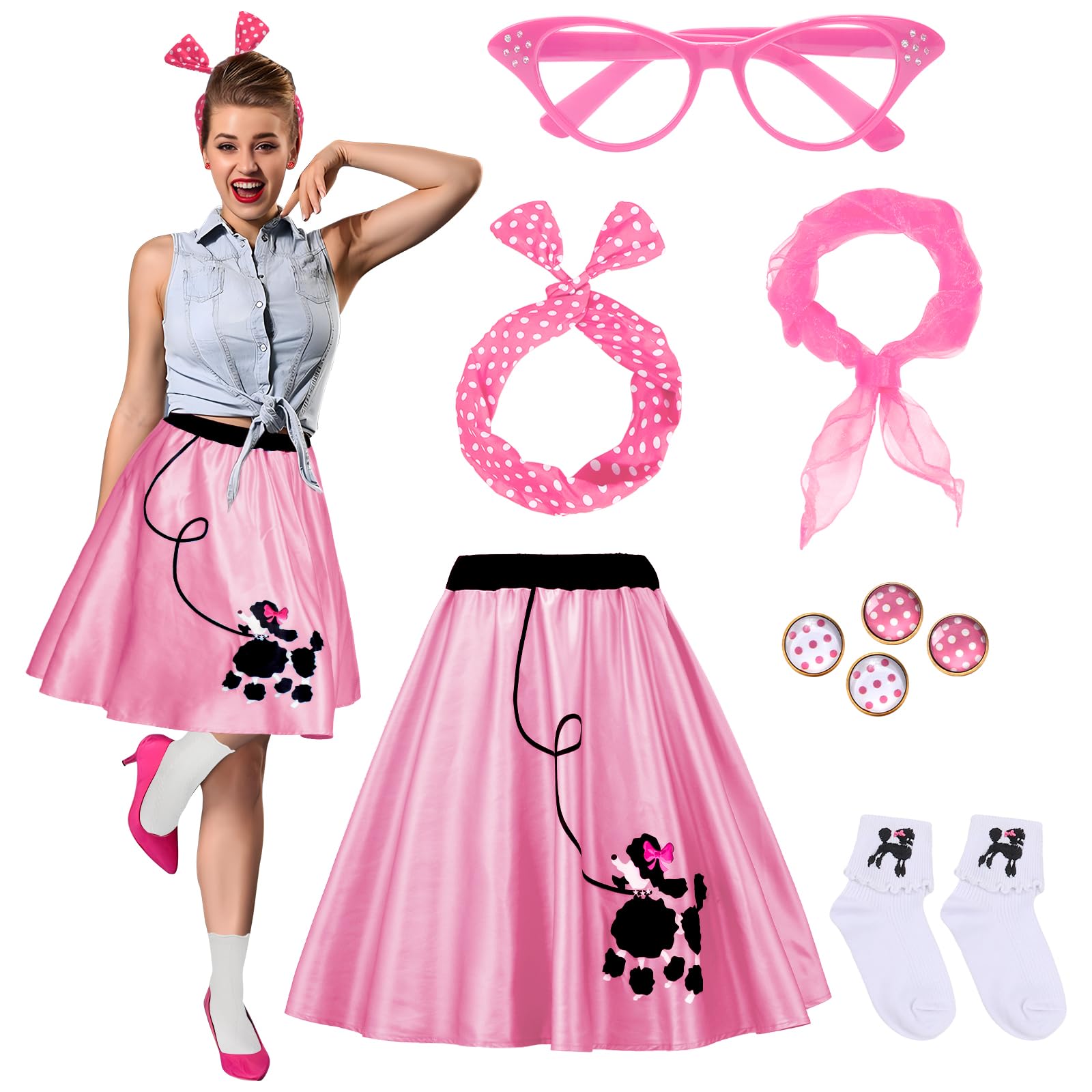 Ibeauti 50s Costumes for Women 1950s Poodle Skirt Accessories Set with Cat Eye Glasses Scarf Bandana Tie Headband Socks