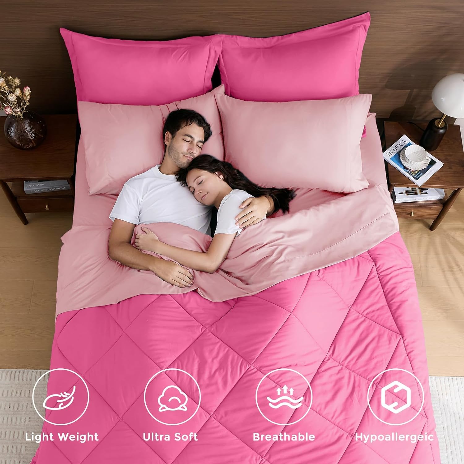 HEVUMYI Hot Pink & Baby Pink Twin Comforter Set - 5-Piece All Season Bed in a Bag Twin, Ultra Soft Bedding Set with Comforter, Flat Sheet, Fitted Sheet, Pillowcases, Pillow Shams - Image 2