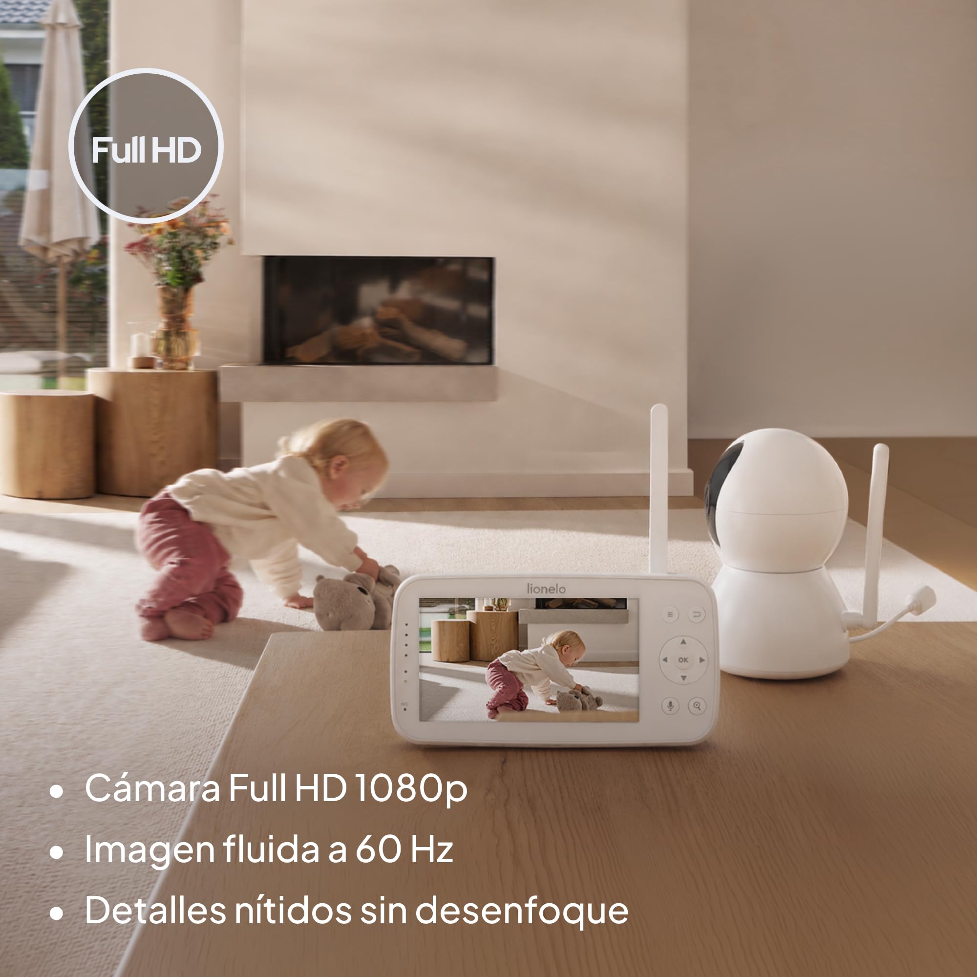 lionelo Babyline 8.4 Camara Vigilancia Bebe, Vigilabebes Full HD con App, Monitor 5", WiFi, Vision Nocturna IR, Deteccion De Movimiento y Llanto, Audio Bidireccional, 300 m, Temperatura
