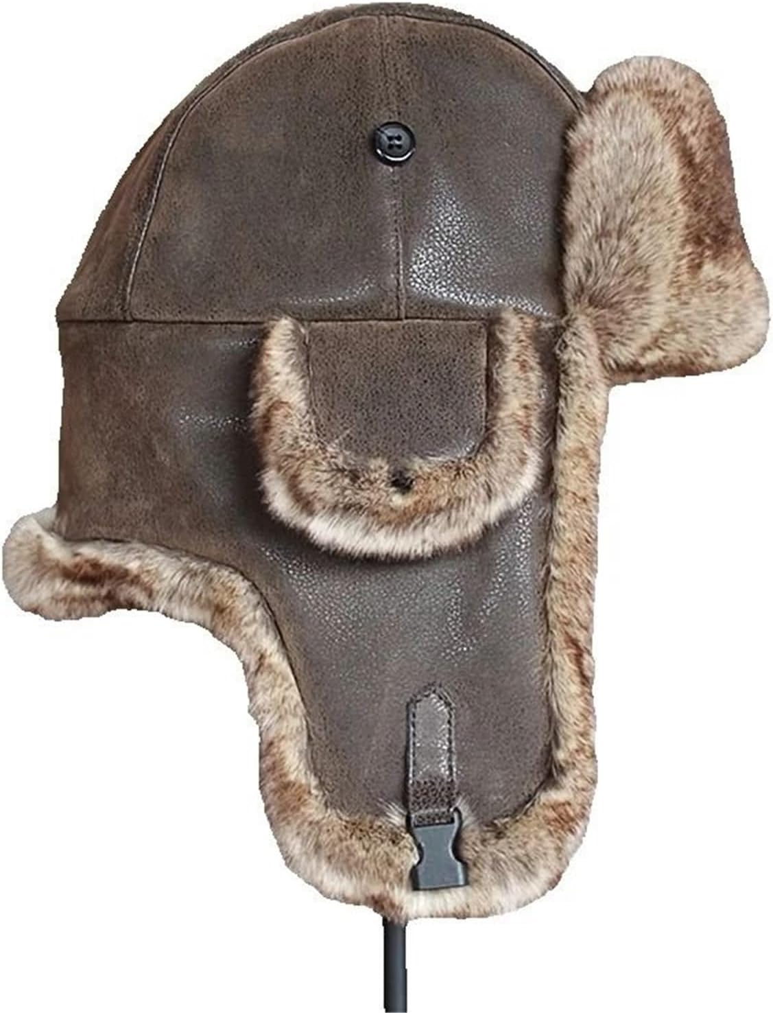 1pc Men Winter Hat with Ear Flap PU Leather Faux Fur Trapper Cap Snow Hunting Skiing for Winter Warmth