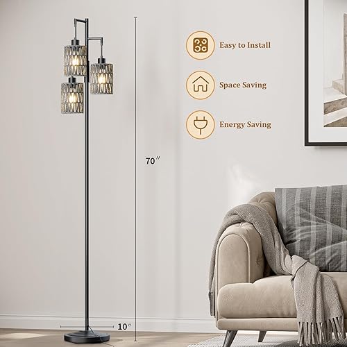 Miniatura 9 de Oneach Lámparas de pie de 68 pulgadas para sala de estar, lámpara de pie bohemia regulable con 3 bombillas, lámpara de árbol de esquina industrial