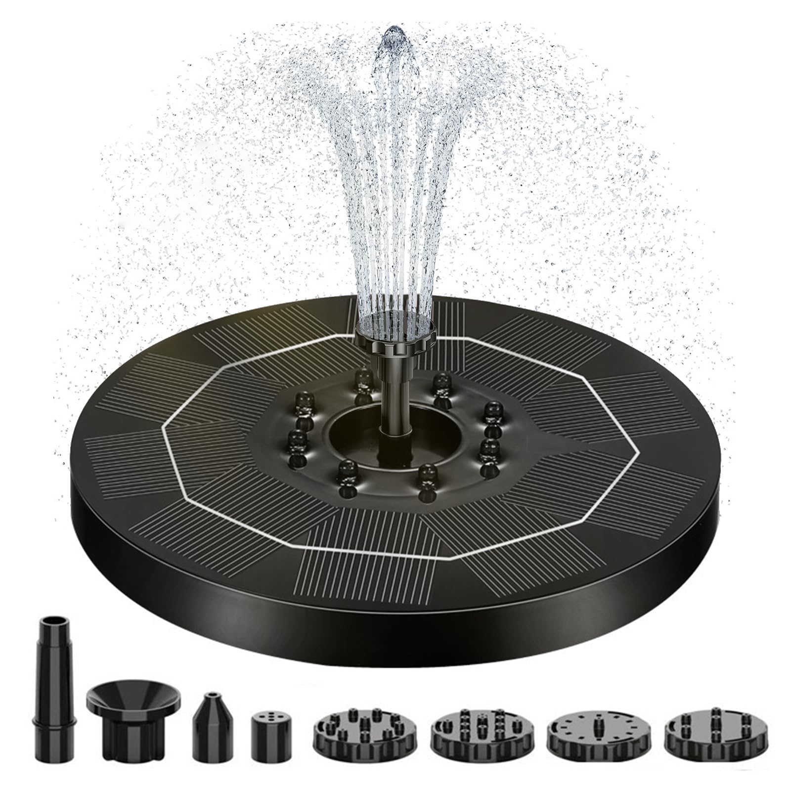 Fontana Solare con Luci Colorate, Nuovo 3W Fontana da Giardino Esterno con 1500mAh Batteria,Solare Fontana Pompa ad Acqua con 8 Ugelli per Bagno per Uccelli, Laghetto, Acquario