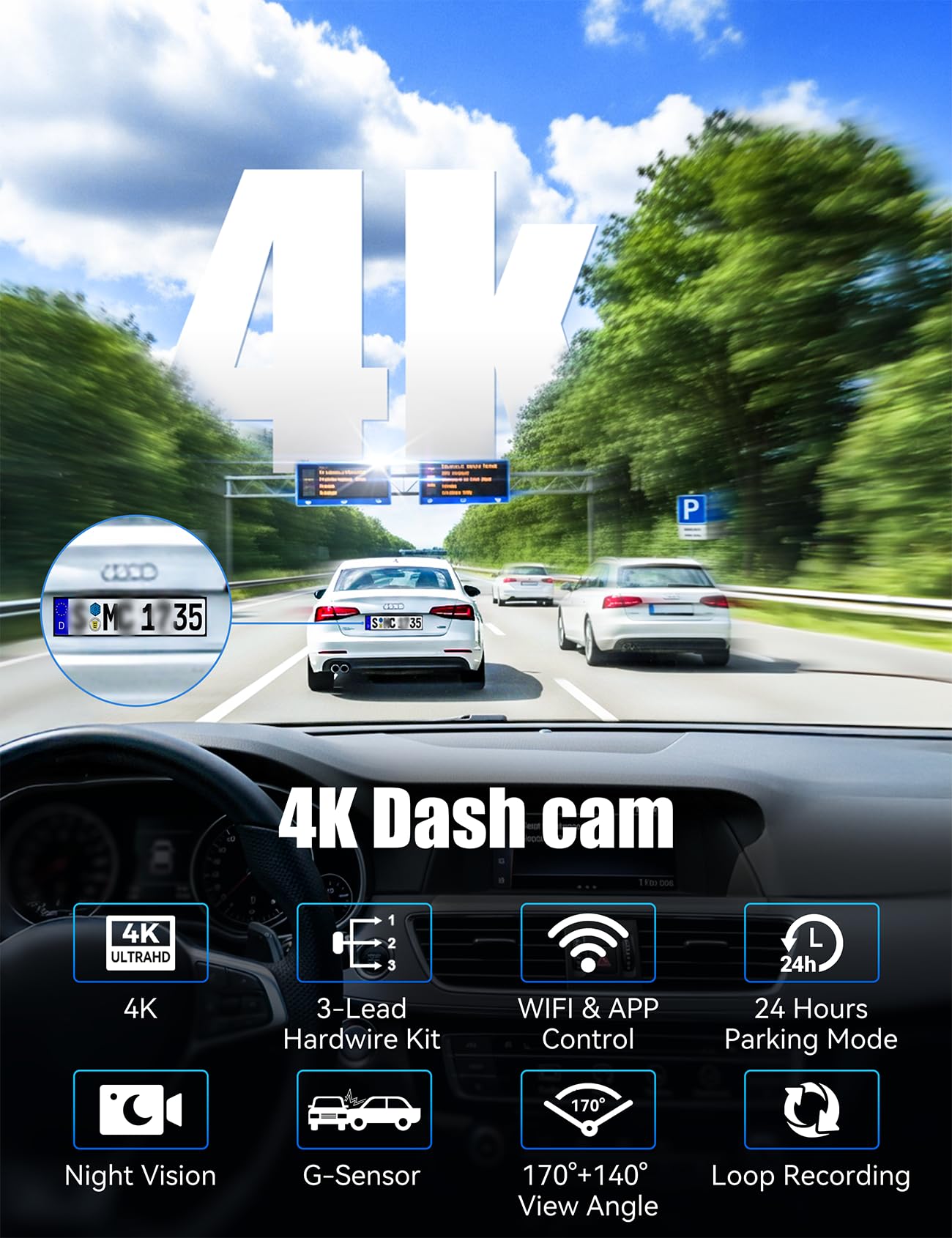 4K Dashcam Voiture Avant Arrière avec Hardwire Kit, 3 Canaux Camera de Bord avec 24H Mode Parking, Carte SD 64G, WiFi & Application, G-Capteur, WDR, Vision Nocturne, Enregistrement en Boucle
