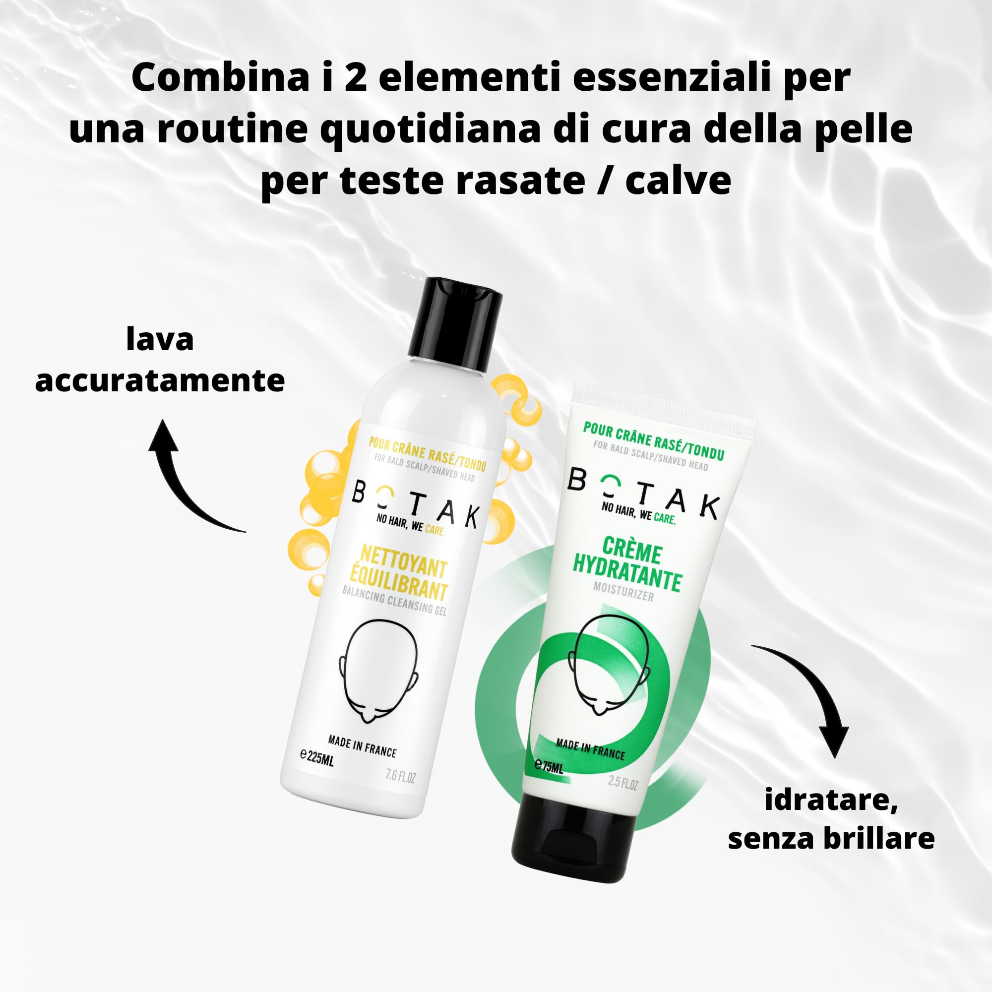 BOTAK Cofanetto Regalo Routine Quotidiana Testa Rasata e Calva | Francese | Detergente equilibrante 99% e Crema Idratante 97% di origine naturale, Vegan, Regalo ideale per Uomo e Papà